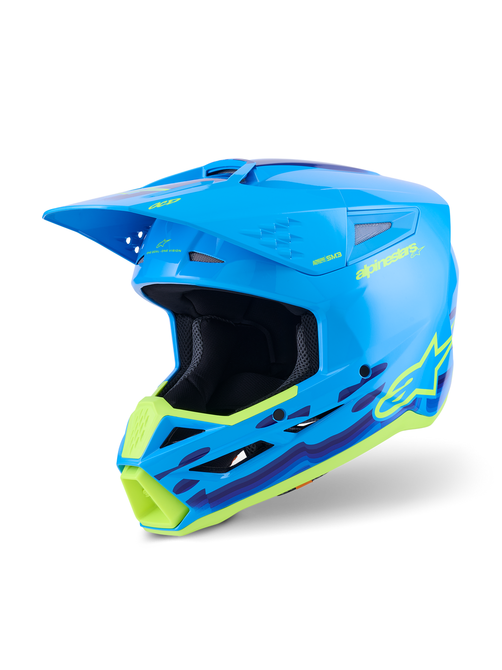 Alpinestars S-M3 Force OCD Helm, Motocross-Helm, Cyan Glänzend mit neongelben und lila wellenförmigen Grafiken, Hochglanz-Finish mit markantem Alpinestars-Logo, entwickelt für Offroad-Aufprallschutz und Belüftung