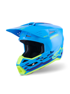 Alpinestars S-M3 Force OCD Helm, Motocross-Helm, Cyan Glänzend mit neongelben und lila wellenförmigen Grafiken, Hochglanz-Finish mit markantem Alpinestars-Logo, entwickelt für Offroad-Aufprallschutz und Belüftung