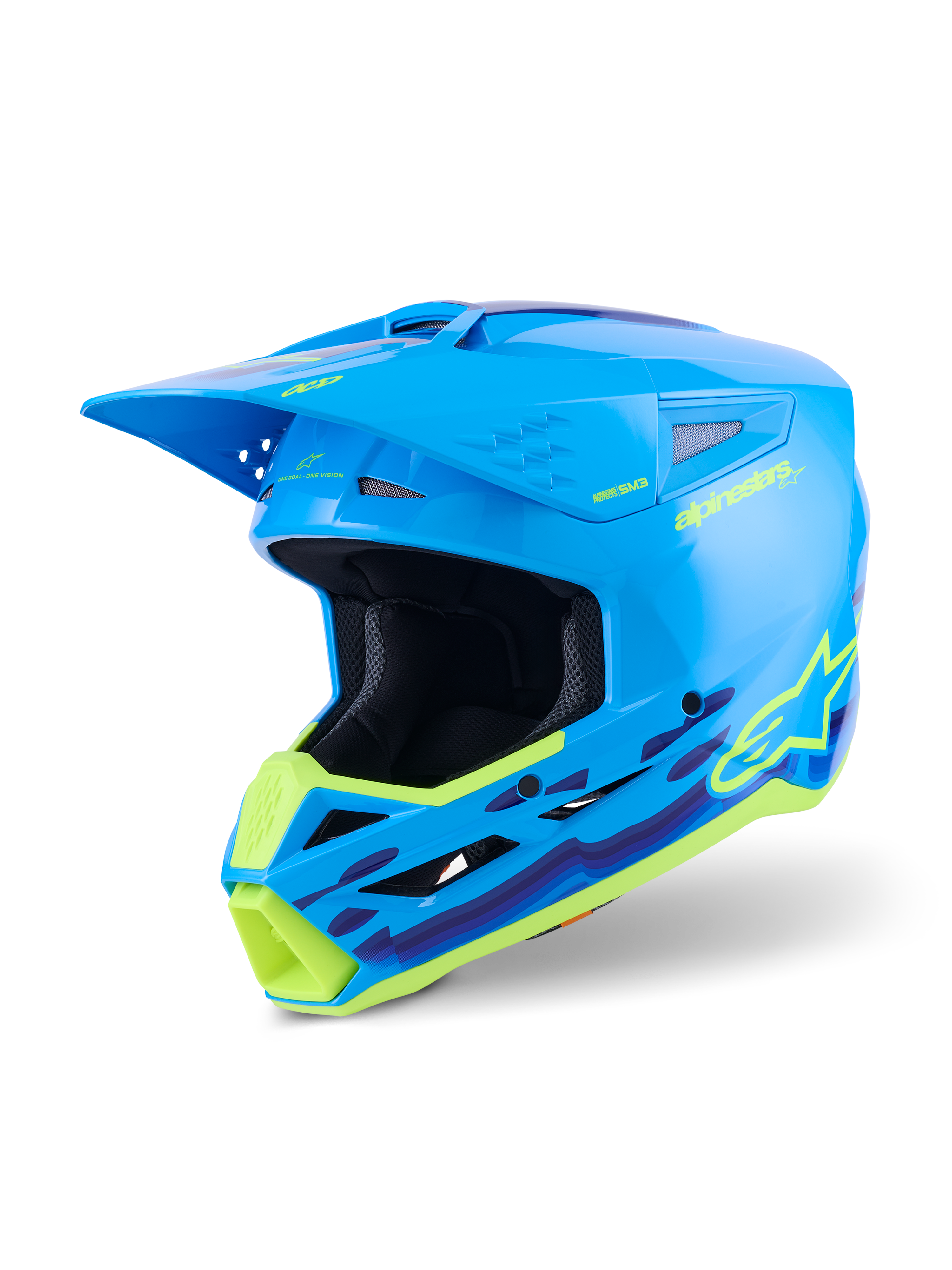 Alpinestars S-M3 Force OCD Helm, Motocross-Helm, Cyan Glänzend mit neongelben und lila wellenförmigen Grafiken, Hochglanz-Finish mit markantem Alpinestars-Logo, entwickelt für Offroad-Aufprallschutz und Belüftung