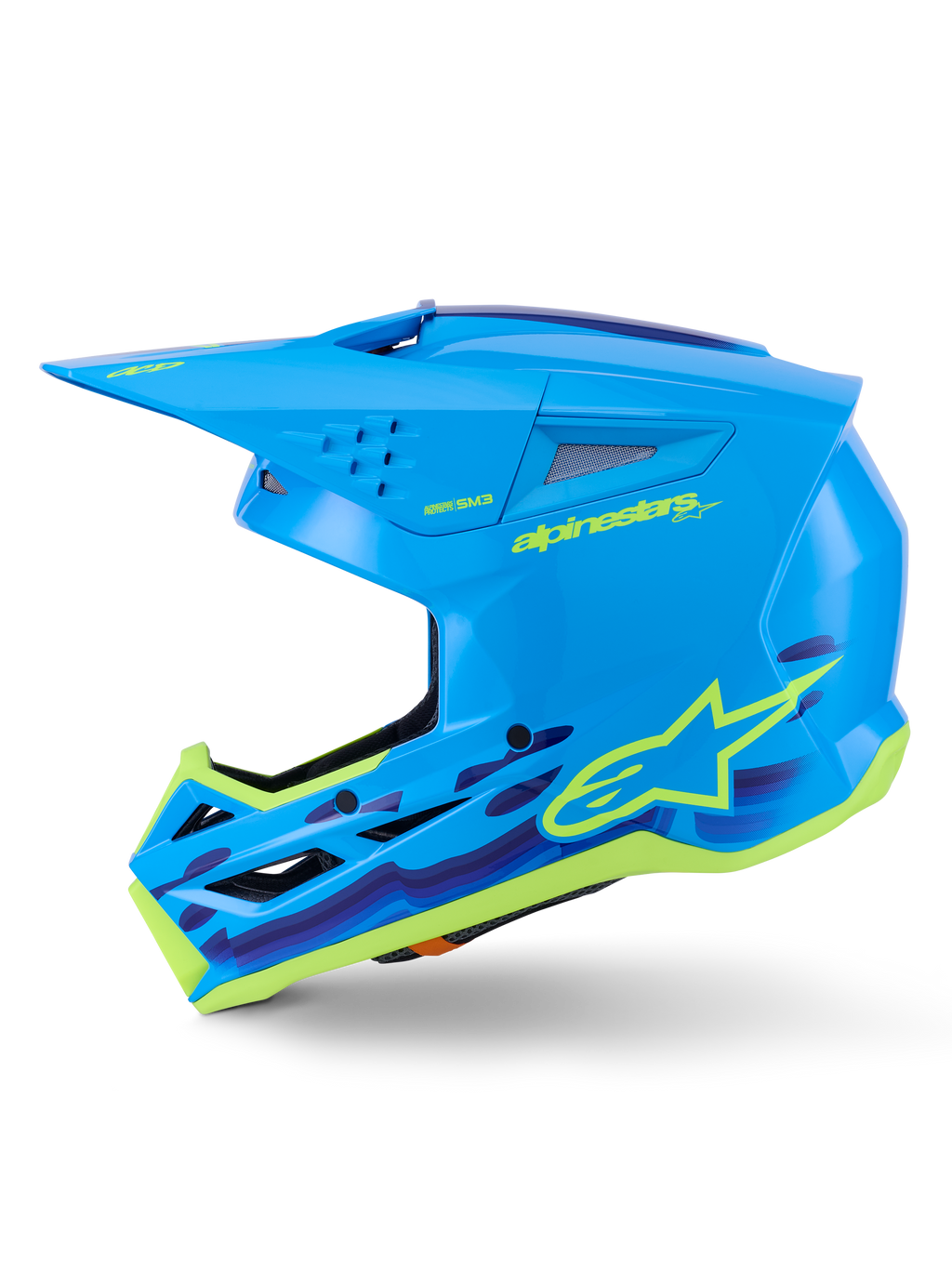 Alpinestars S-M3 Force OCD Helm, Motocross-Helm, Cyan glänzend mit grafischen Akzenten, stromlinienförmige Schale, schützendes Visier und High-Flow-Belüftung für den Offroad-Rennsport