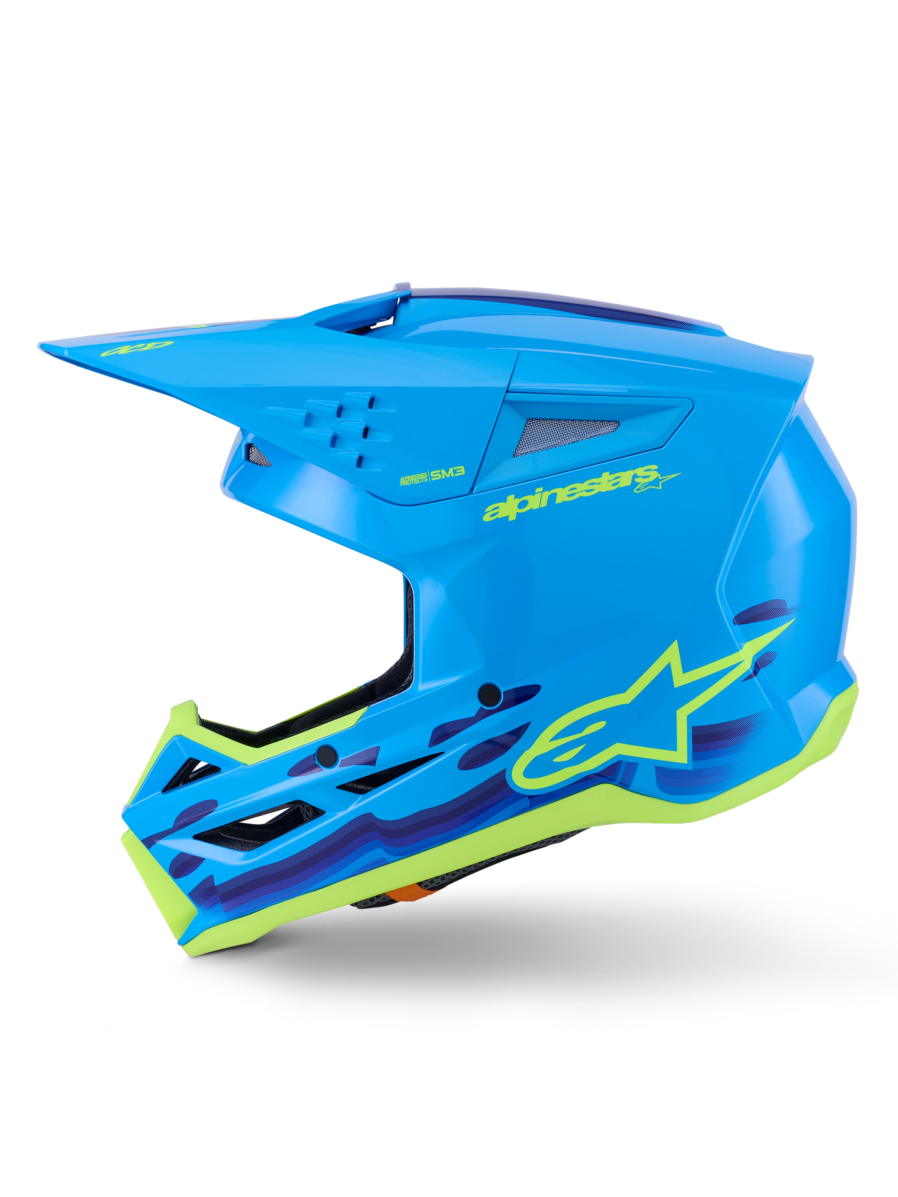 Alpinestars S-M3 Force OCD Helm, Motocross-Helm, Cyan glänzend mit grafischen Akzenten, stromlinienförmige Schale, schützendes Visier und High-Flow-Belüftung für den Offroad-Rennsport