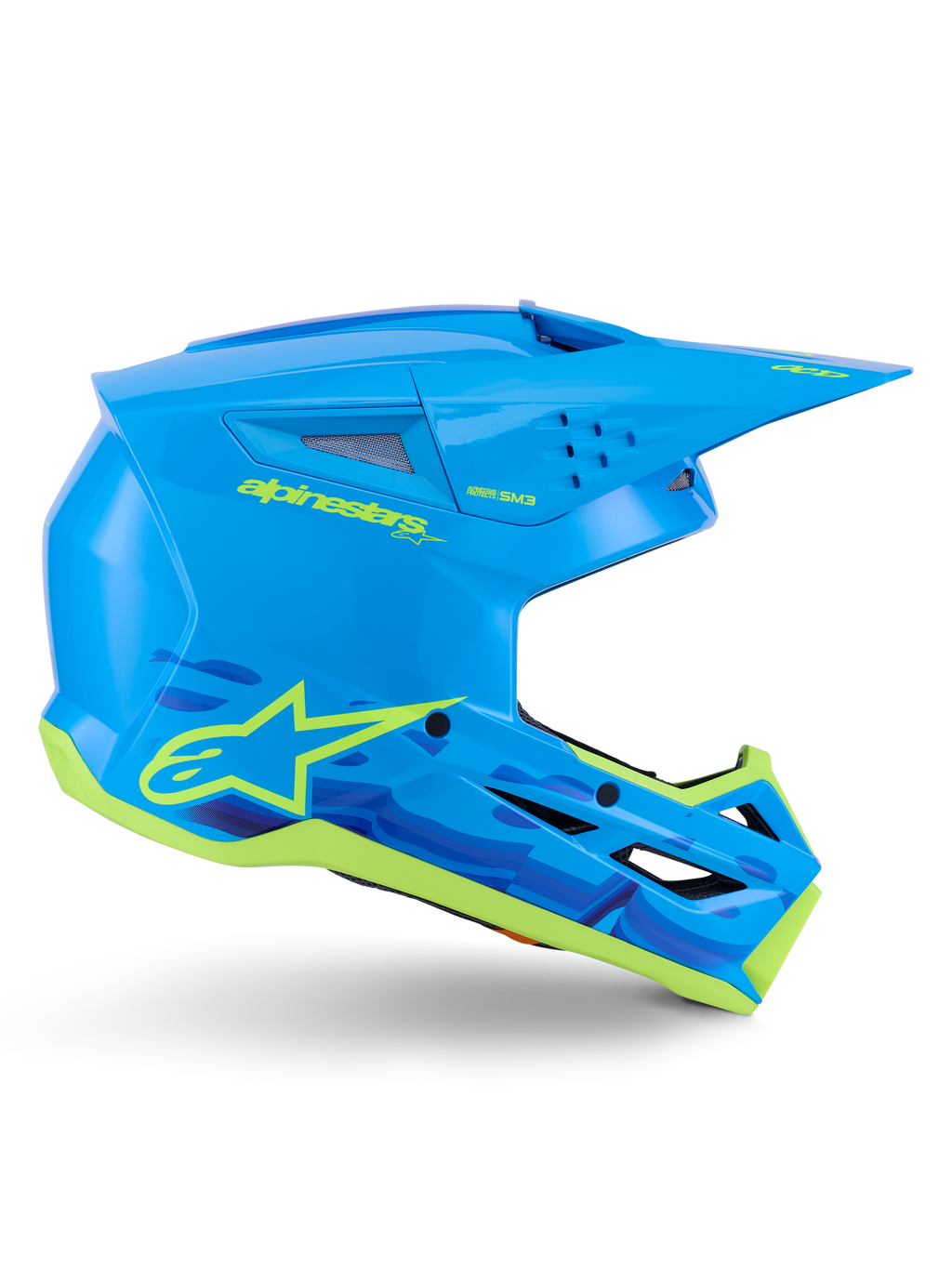 Alpinestars S-M3 Force OCD Helm, Motocross Offroad-Helm, Cyan glänzend mit neongelben Details, ECE 22.06 zertifiziert, aerodynamische Schale mit Belüftungsschlitzen, spitzes Visier und Stern-Logo-Grafiken