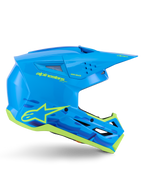Alpinestars S-M3 Force OCD Helm, Motocross Offroad-Helm, Cyan glänzend mit neongelben Details, ECE 22.06 zertifiziert, aerodynamische Schale mit Belüftungsschlitzen, spitzes Visier und Stern-Logo-Grafiken