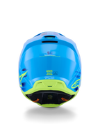 Alpinestars S-M3 Force OCD Helm, Motocross-Helm, Cyan Glänzend mit limettengrünen und gelben Akzenten, Rückansicht mit Fokus auf aerodynamischer Schalenkonstruktion, Auslassöffnungen und ECE 22.06 Sicherheitskennzeichnungen.