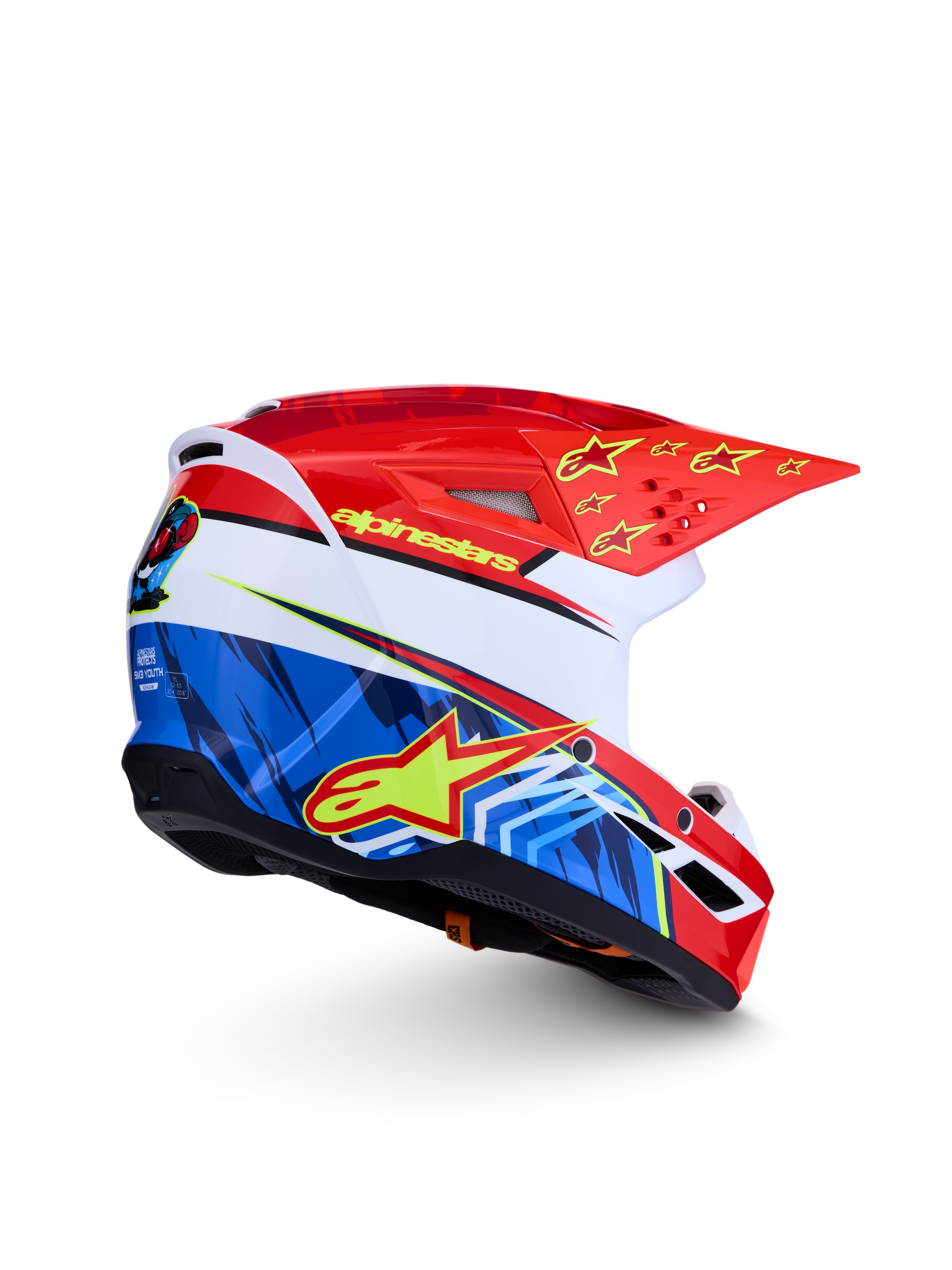 Alpinestars SM3 Falcon Youth Helmet ECE06, red and blue motocross helmet with yellow star graphics, ECE 2206 certified.