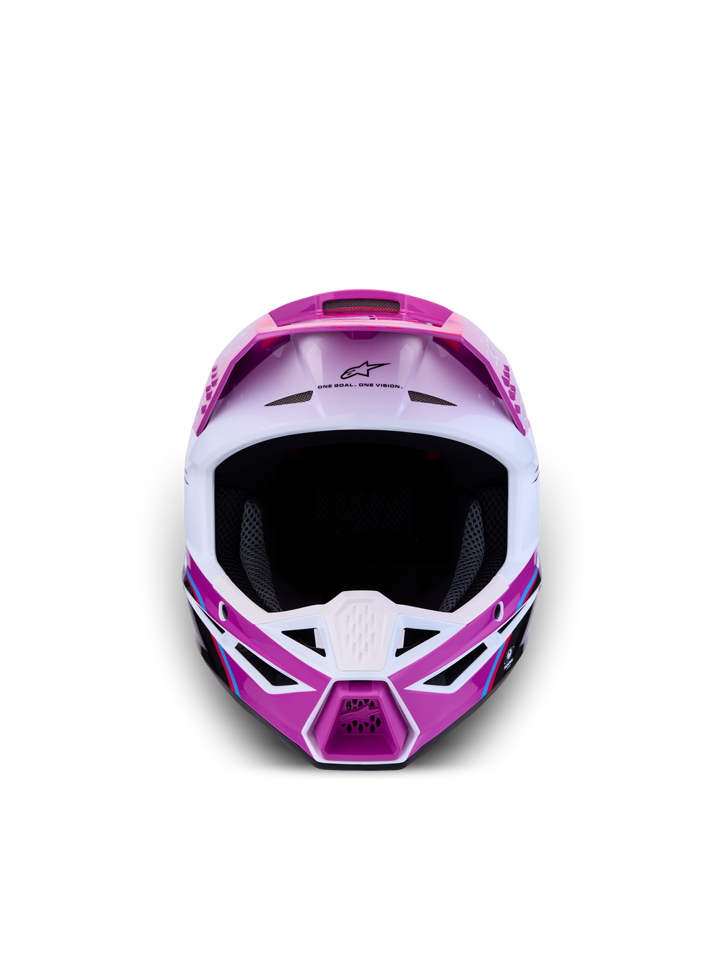 Alpinestars SM3 Jugend-Helm Falcon ECE06, Motocross-Helm in Lila und Weiß, Frontansicht mit Belüftung für den Offroad-Einsatz.