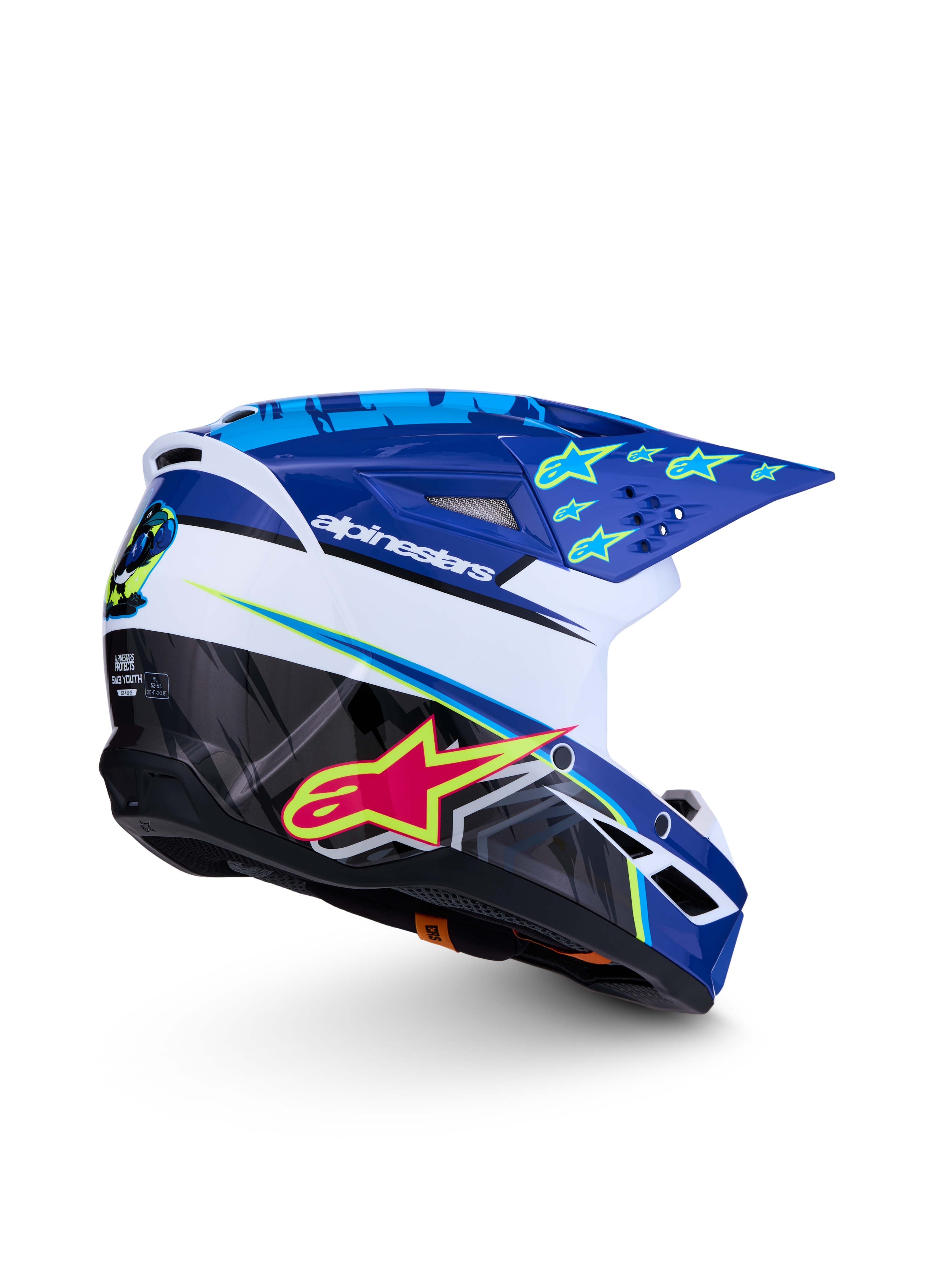 Alpinestars SM3 Jugend-Helm Falcon ECE06, Motocross-Helm, Blau und Weiß mit pinken und gelben Grafiken, ECE-zertifiziert.