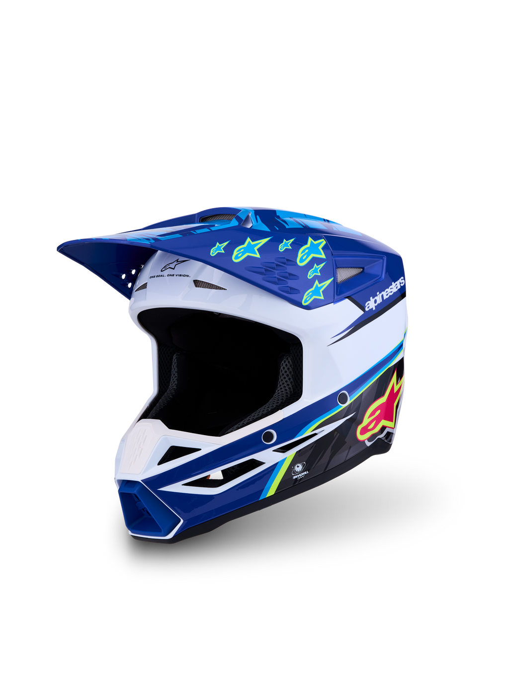 Alpinestars SM3 Jugend-Helm Falcon ECE06, Motocross-Helm in Blau und Weiß mit neon-gelben Akzenten, ECE 22.06 zertifiziert.