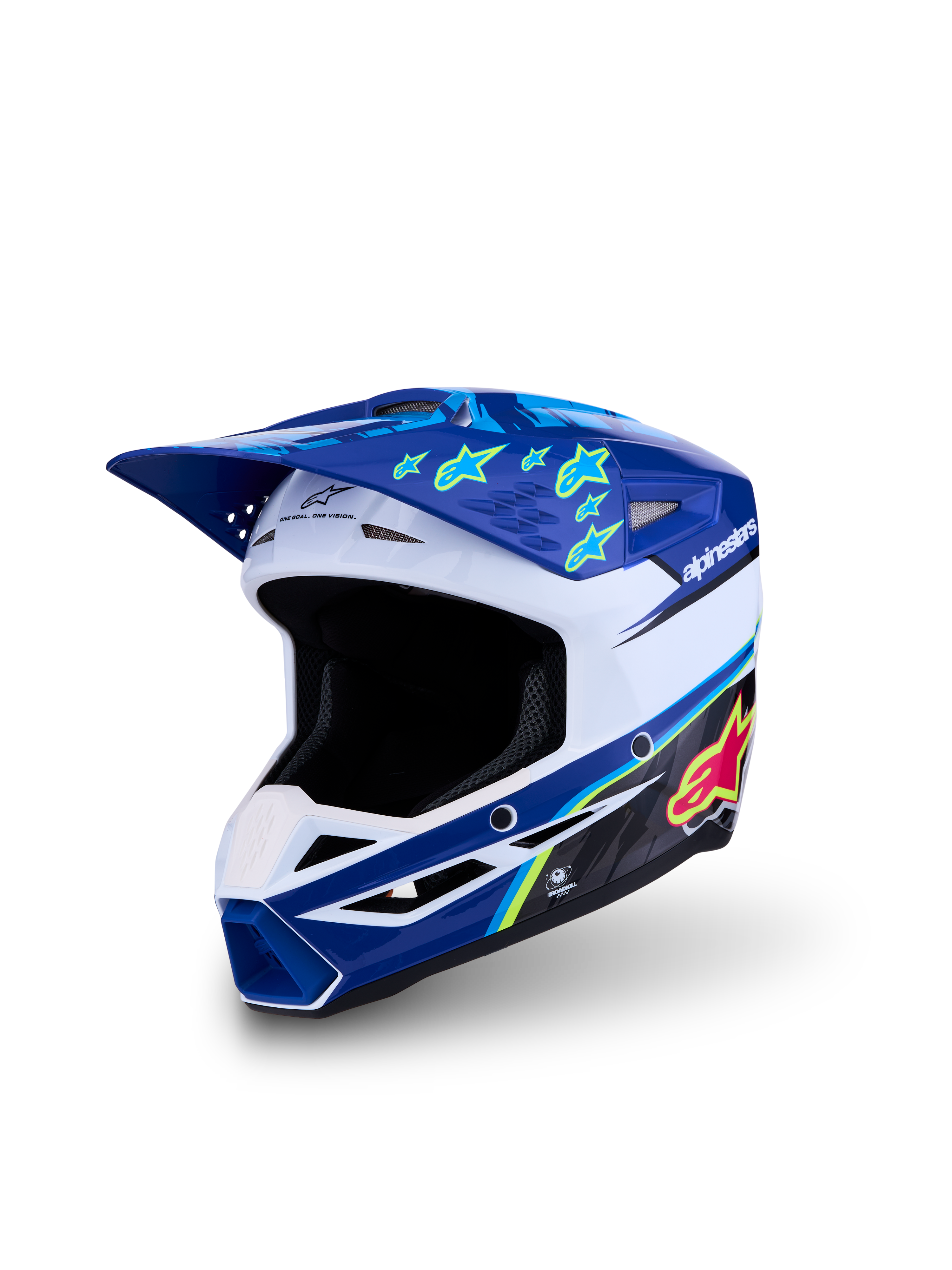 Alpinestars SM3 Jugend-Helm Falcon ECE06, Motocross-Helm in Blau und Weiß mit neon-gelben Akzenten, ECE 22.06 zertifiziert.