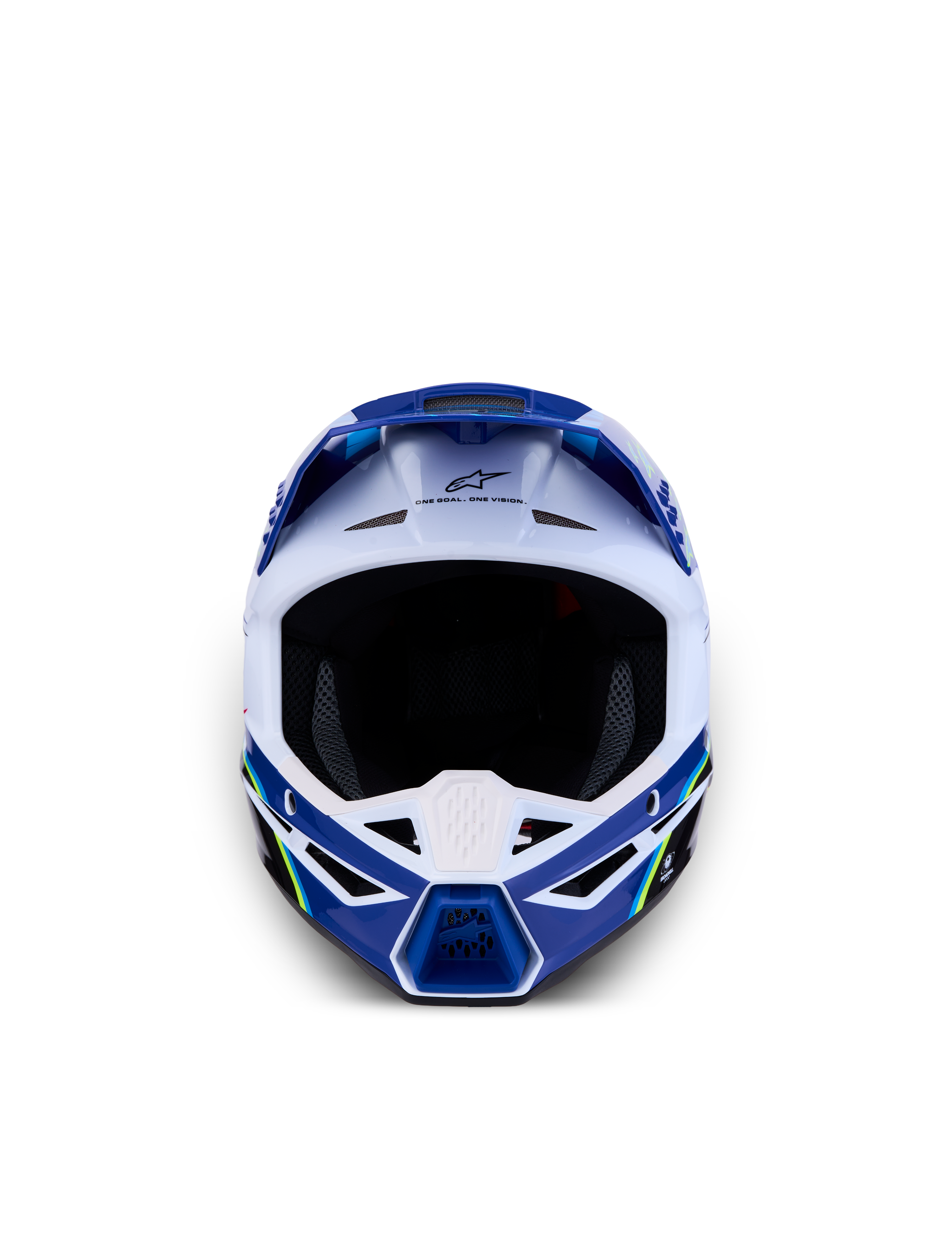Alpinestars SM3 Jugend-Helm Falcon ECE06, blau-weißer Motocross-Helm für Jugendliche, Frontalansicht mit Belüftungssystem