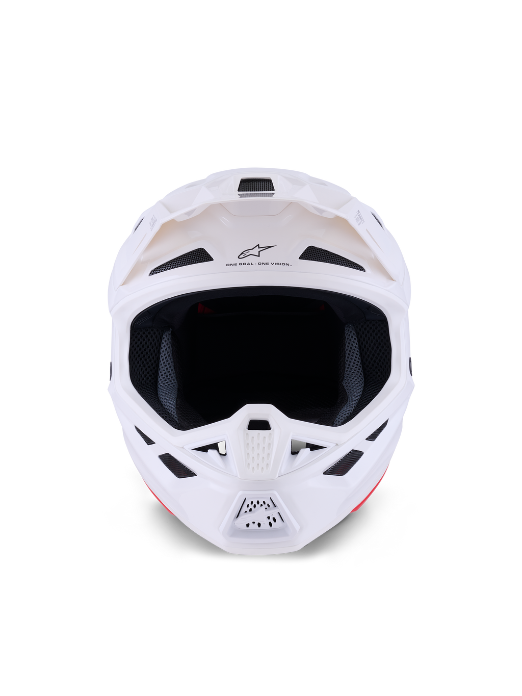 Alpinestars S-M7 Solid Helm, Motocross-Helm, Weiß Glänzend, Vorderansicht mit Belüftungsöffnungen und Kinnschutz, aerodynamisches Verbundschalen-Design für Offroad-Rennen