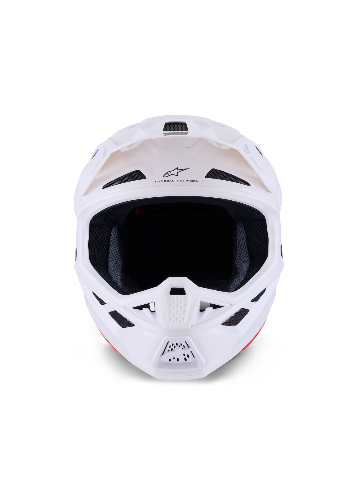 Alpinestars S-M7 Solid Helm, Motocross-Helm, Weiß Glänzend, Vorderansicht mit Belüftungsöffnungen und Kinnschutz, aerodynamisches Verbundschalen-Design für Offroad-Rennen