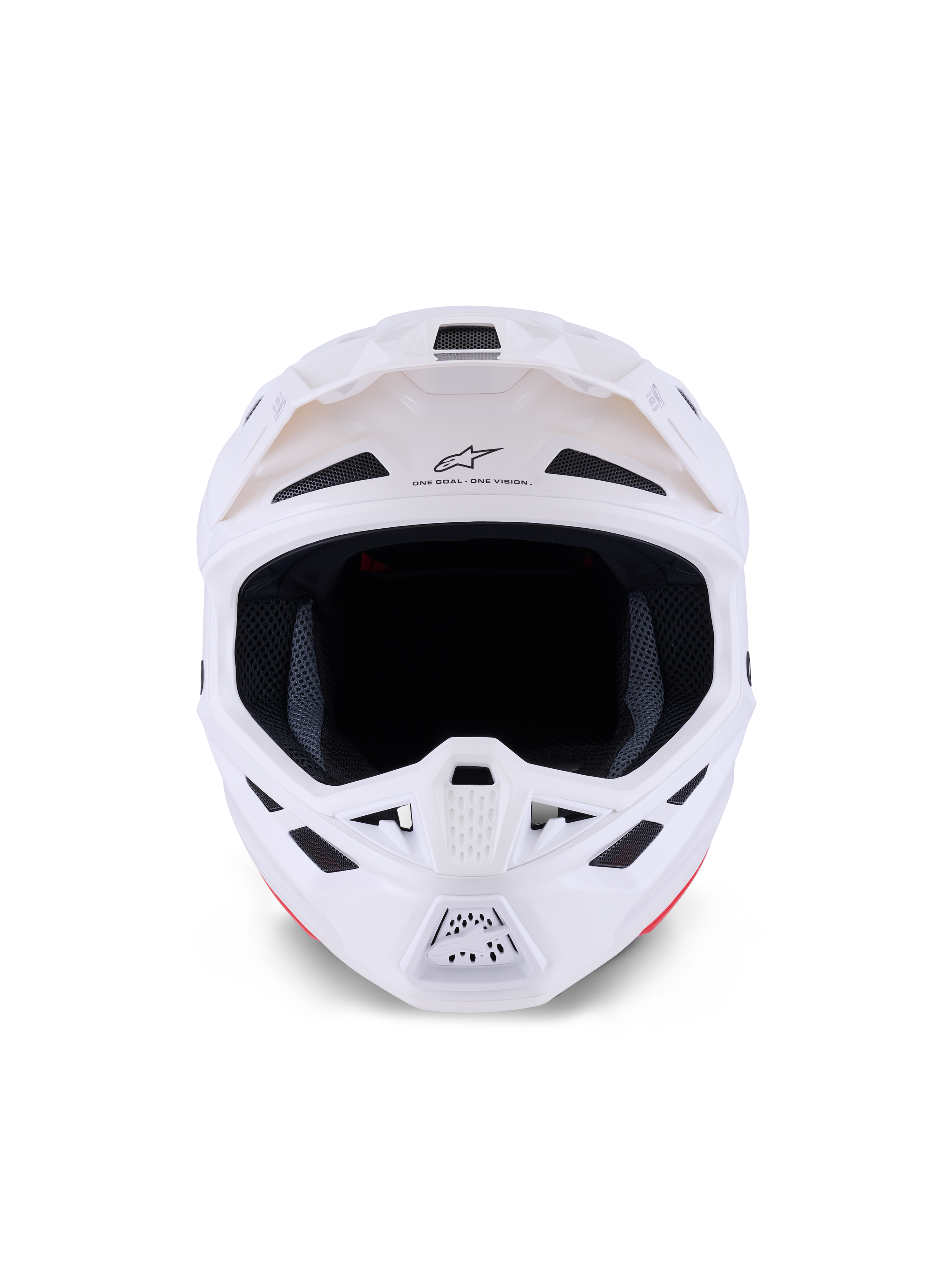 Alpinestars S-M7 Solid Helm, Motocross-Helm, Weiß Glänzend, Vorderansicht mit Belüftungsöffnungen und Kinnschutz, aerodynamisches Verbundschalen-Design für Offroad-Rennen