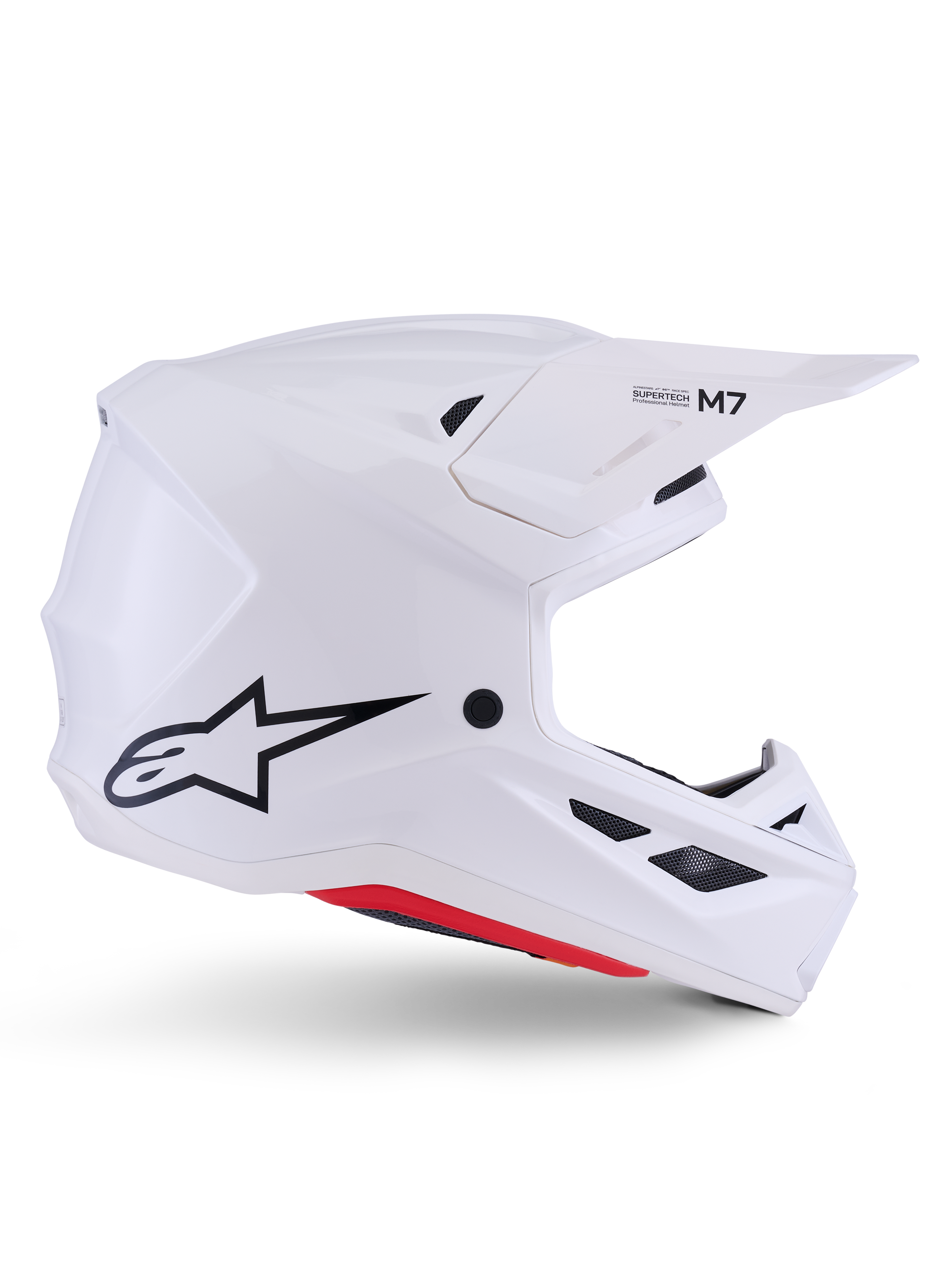 Alpinestars S-M7 Solid Helmet ECE 22.06, Motocross Helmet, White Glossy, aerodynamic angular design with black ventilation grills, featuring black star logo and M7 branding, professional protection for off-road racing