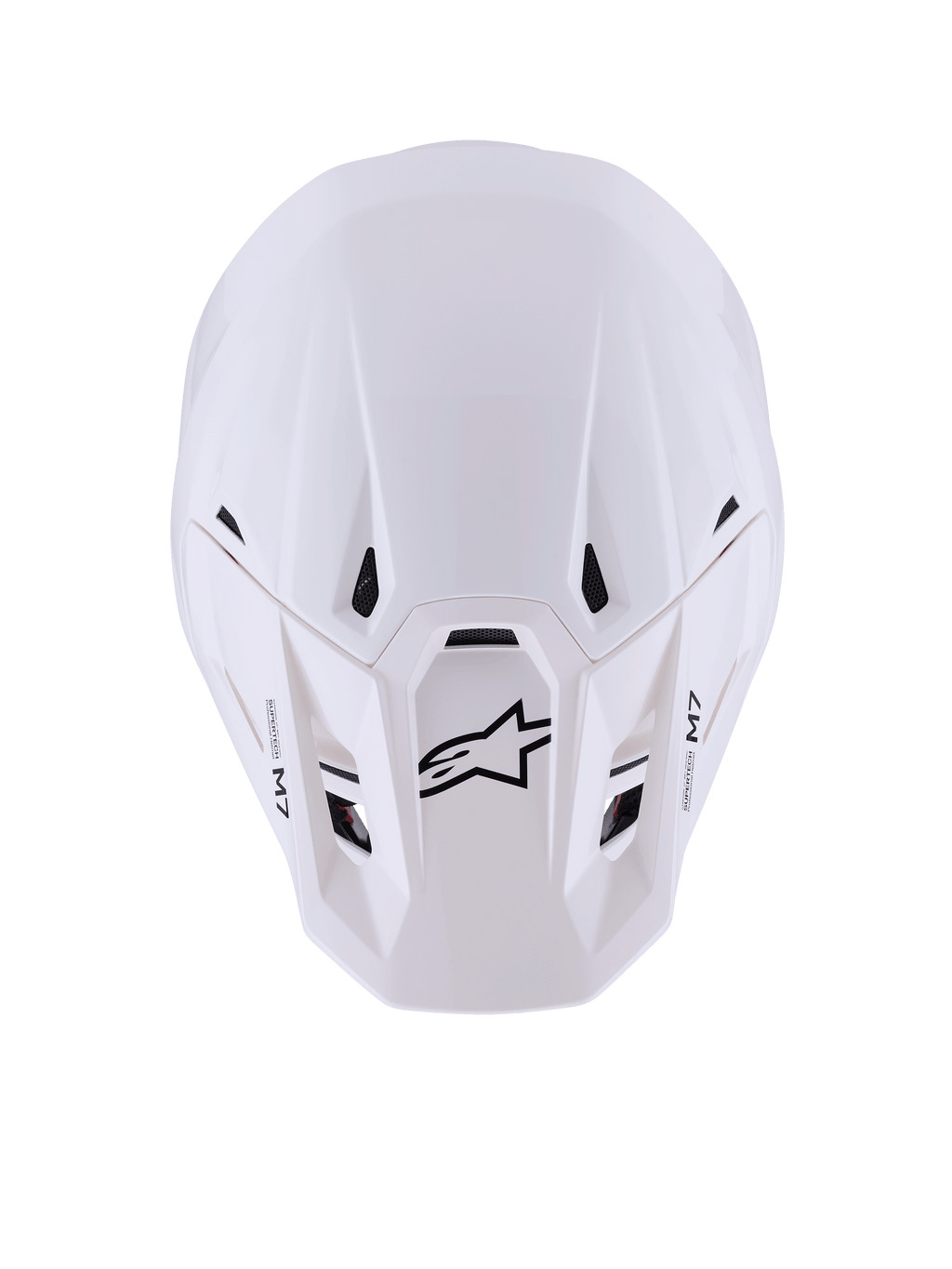 Alpinestars S-M7 Solid Helm, Motocross-Helm, Weiß glänzend, Ansicht von oben zeigt schlanke aerodynamische Schale, schwarze Belüftungsöffnungen, schwarzes Astar-Logo und M7-Branding auf dem Visier, Hochleistungs-Offroad-Rennausrüstung