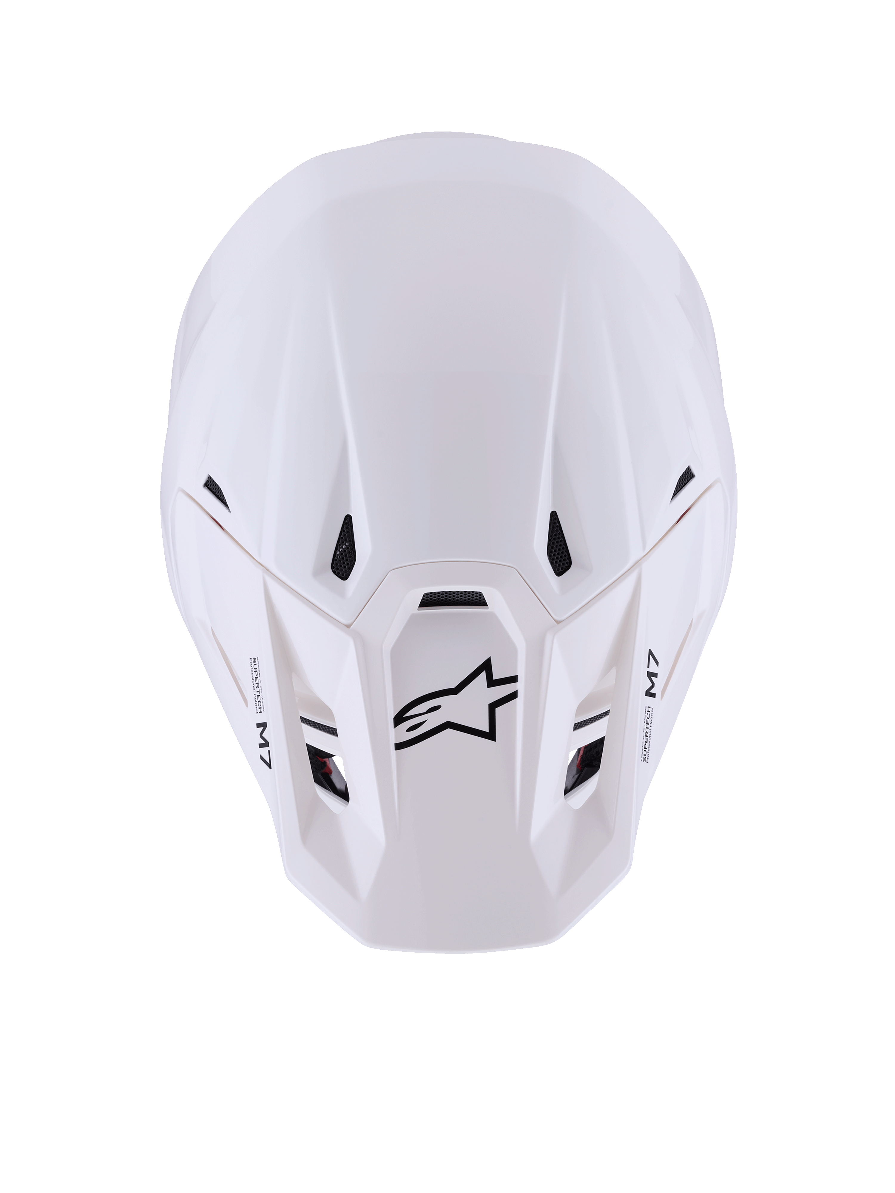 Alpinestars S-M7 Solid Helm, Motocross-Helm, Weiß glänzend, Ansicht von oben zeigt schlanke aerodynamische Schale, schwarze Belüftungsöffnungen, schwarzes Astar-Logo und M7-Branding auf dem Visier, Hochleistungs-Offroad-Rennausrüstung