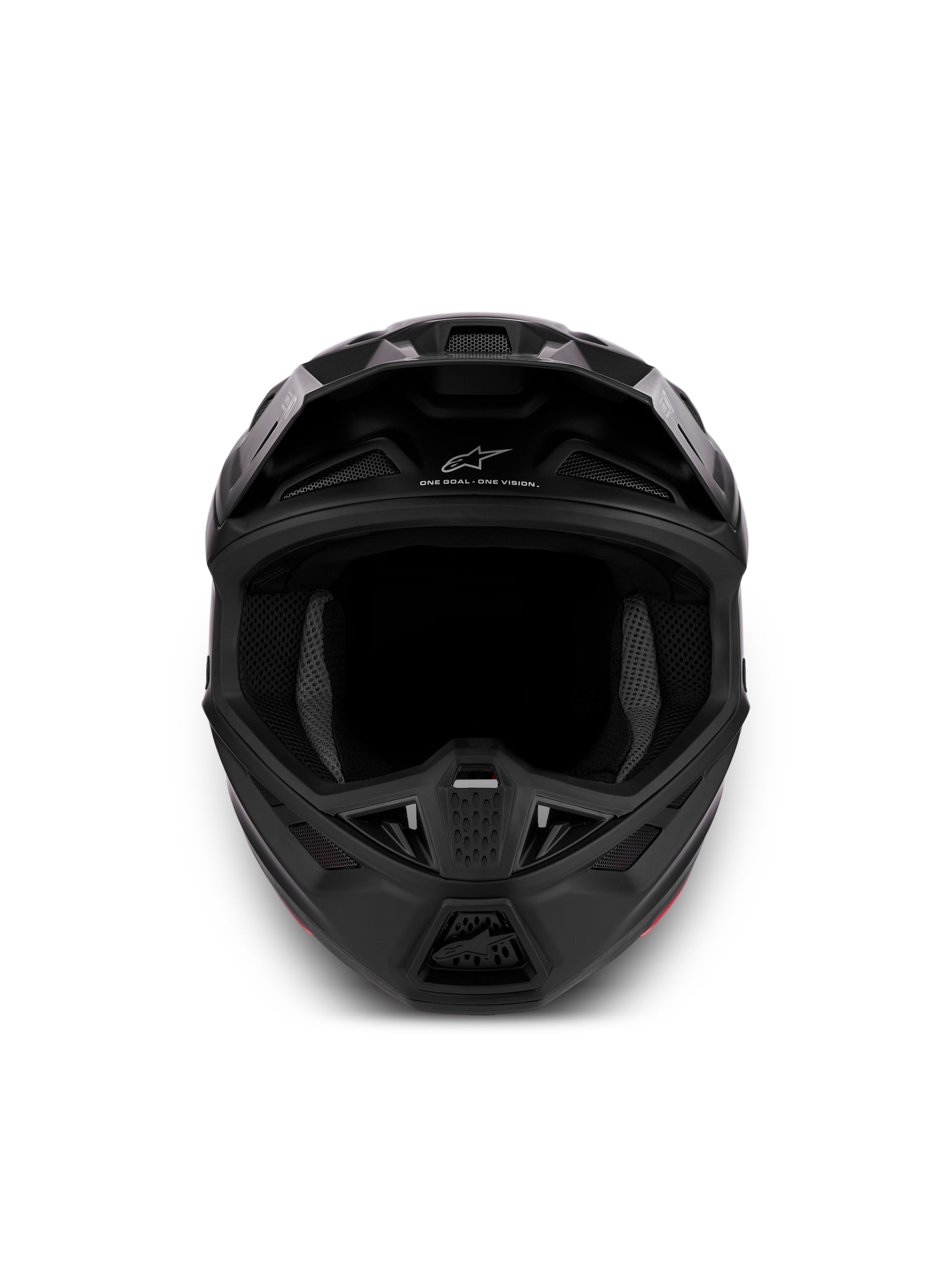 Alpinestars S-M7 Helm Solid ECE06, Motocross-Helm in Schwarz Matt, aerodynamische Schale, Belüftungssystem, Frontansicht.