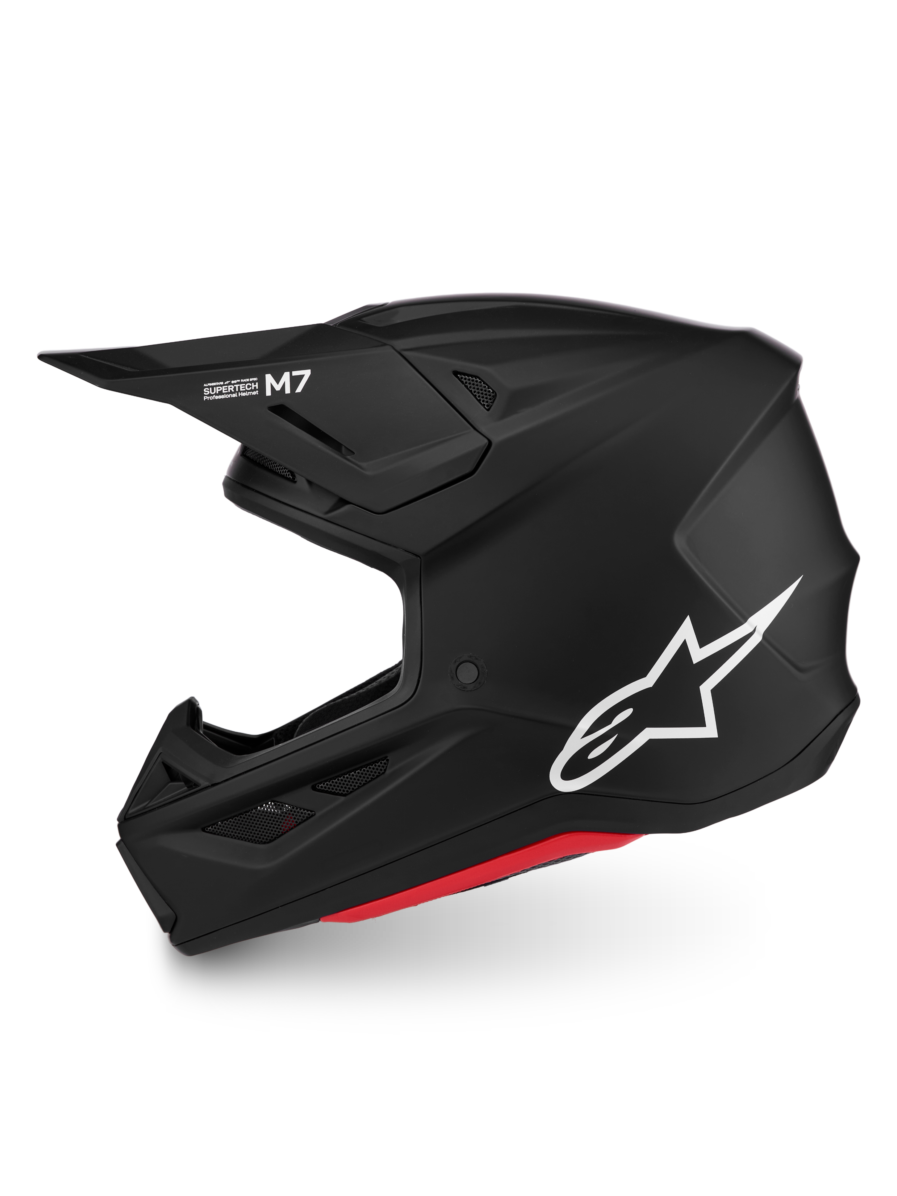 Alpinestars S-M7 Solid Helm, Motocross-Helm, Mattschwarz, weißes Logo, aerodynamische Schale, ECE 22.06 zertifiziert.