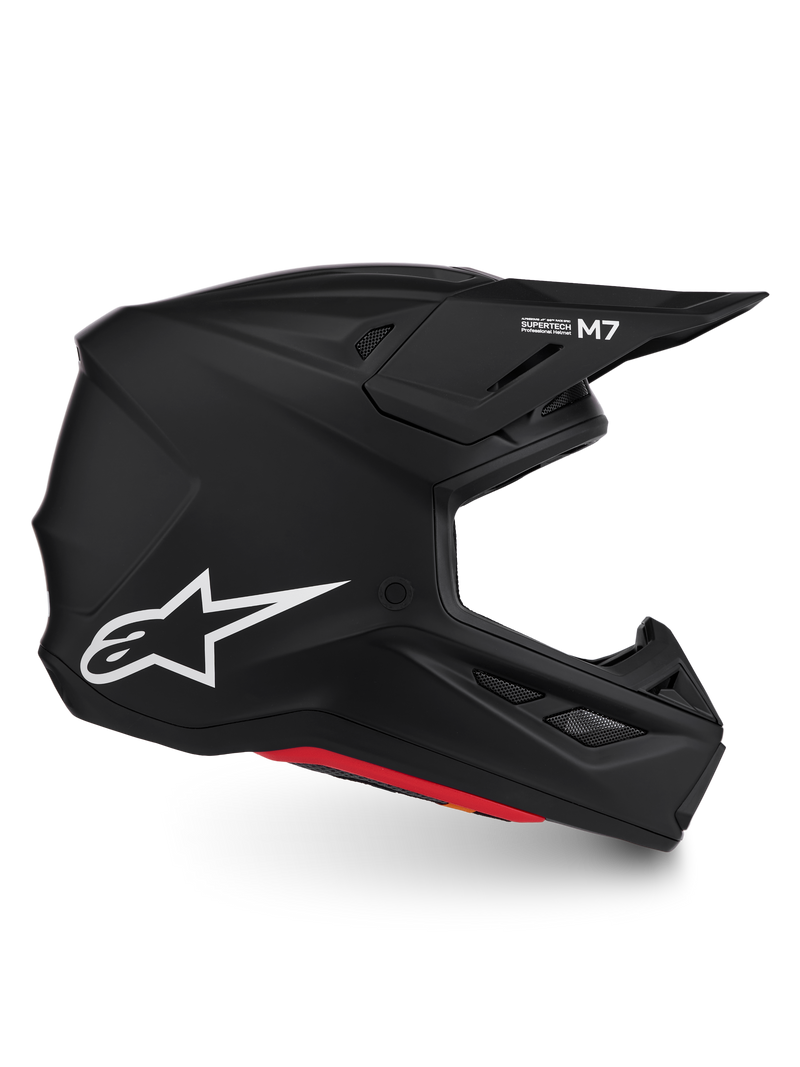 Alpinestars S-M7 Solid Helmet ECE06, Matte Black motocross helmet, streamlined composite shell, white Astar logo, ECE 22.06.