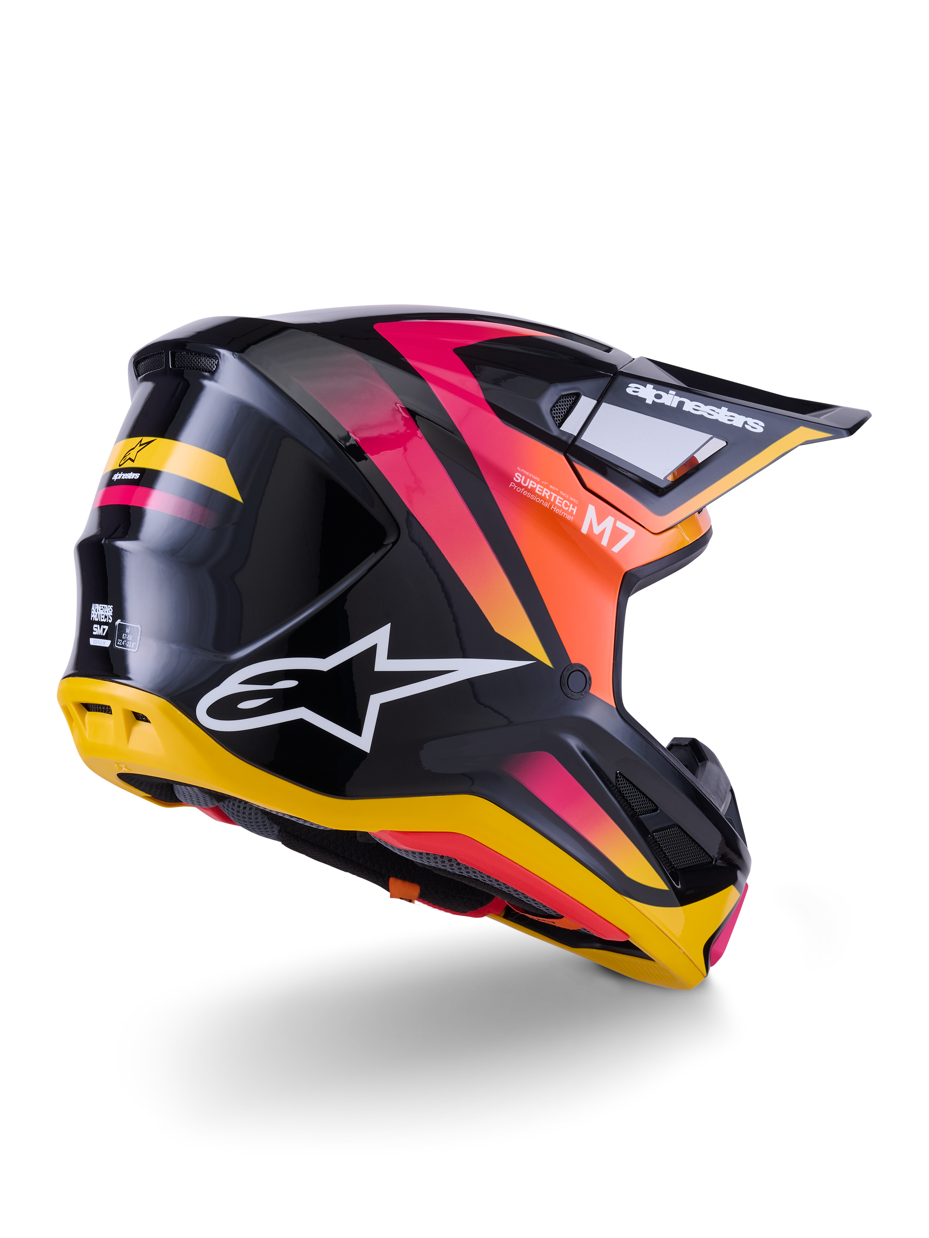 Alpinestars S-M7 Rise Helm, Motocross-Helm, Schwarz, Gelb und Pink glänzend, Rück- und Seitenansicht mit aerodynamischer Verbundschale, lebhaften Farbverläufen, markantem Branding und Belüftungsöffnungen