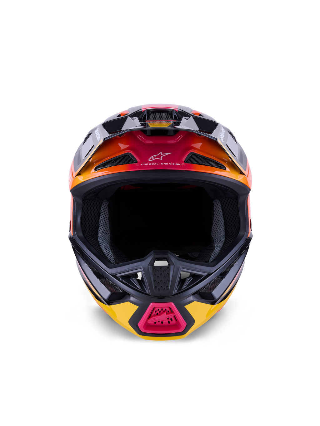 Alpinestars S-M7 Rise Helm ECE 22.06, Motocross-Helm, Schwarz, Gelb und Pink glänzend mit orangefarbenen Farbverläufen, Vorderansicht mit aerodynamischer Verbundschale, mehreren Belüftungsöffnungen mit Mesh-Einsätzen und „One Goal. One Vision.“ Branding, konzipiert für den Offroad-Rennsport.