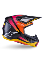 Alpinestars S-M7 Rise Helm, Motocross-Rennhelm, Glänzendes Schwarz mit Grafiken in Pink, Orange und Gelb, Seitenprofilansicht, mit weißem Alpinestars-Logo und Visier, aerodynamische Schale mit integrierten Belüftungsöffnungen