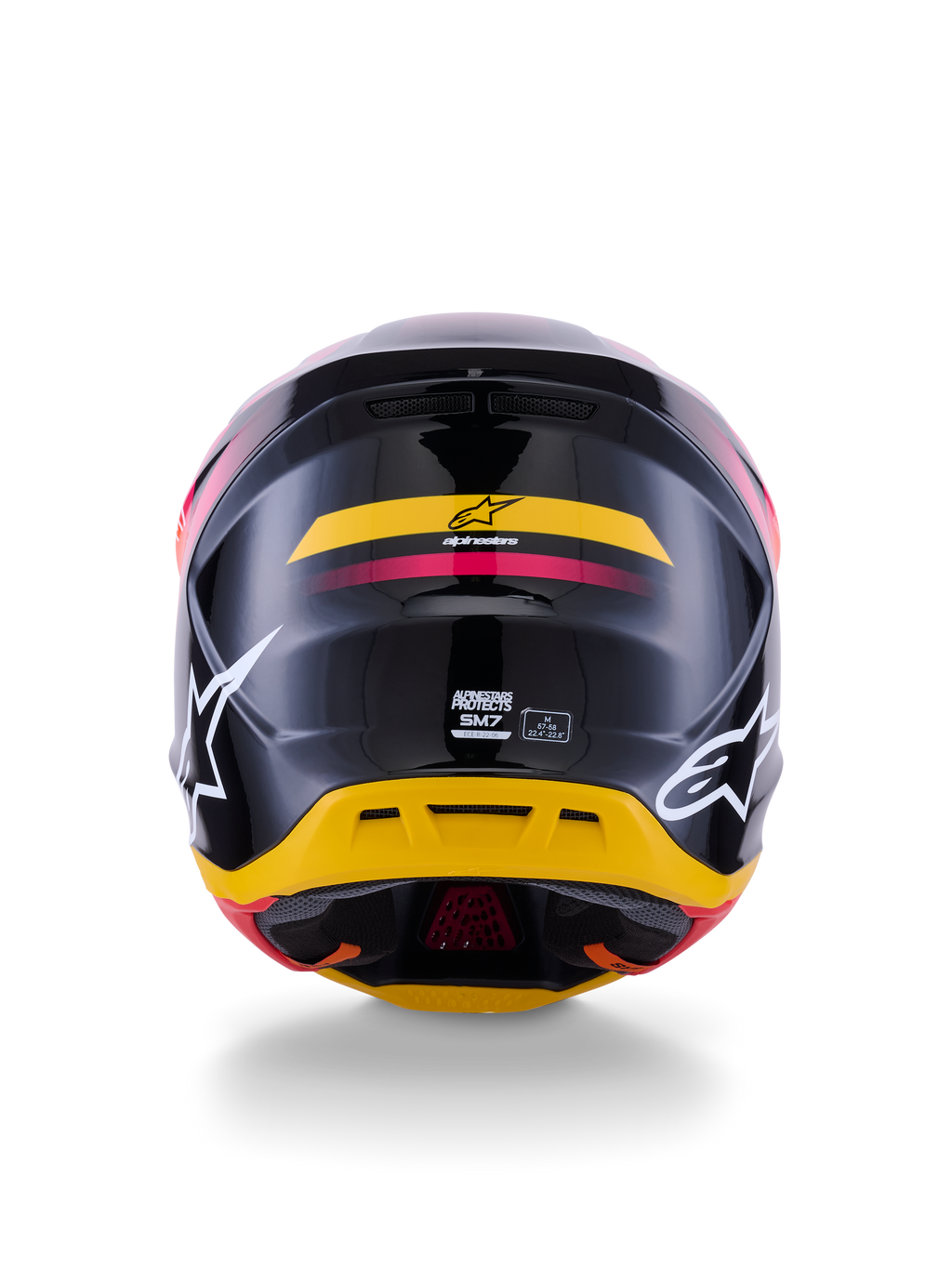 Alpinestars S-M7 Rise Helm ECE 22.06, Motocross-Helm, Rückansicht, Glänzend Schwarz mit gelben und pinken Akzenten, große weiße Logos an den Seiten, aerodynamische Verbundschale, Offroad-Rennausrüstung