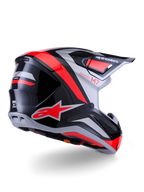 Alpinestars S-M7 Rise Helmet, Motocross Helmet, Black Silver and Red Fluo Glossy, three-quarter rear view, featuring bold red A-star logo and silver accents, aerodynamic shell with visor, professional off-road racing protection