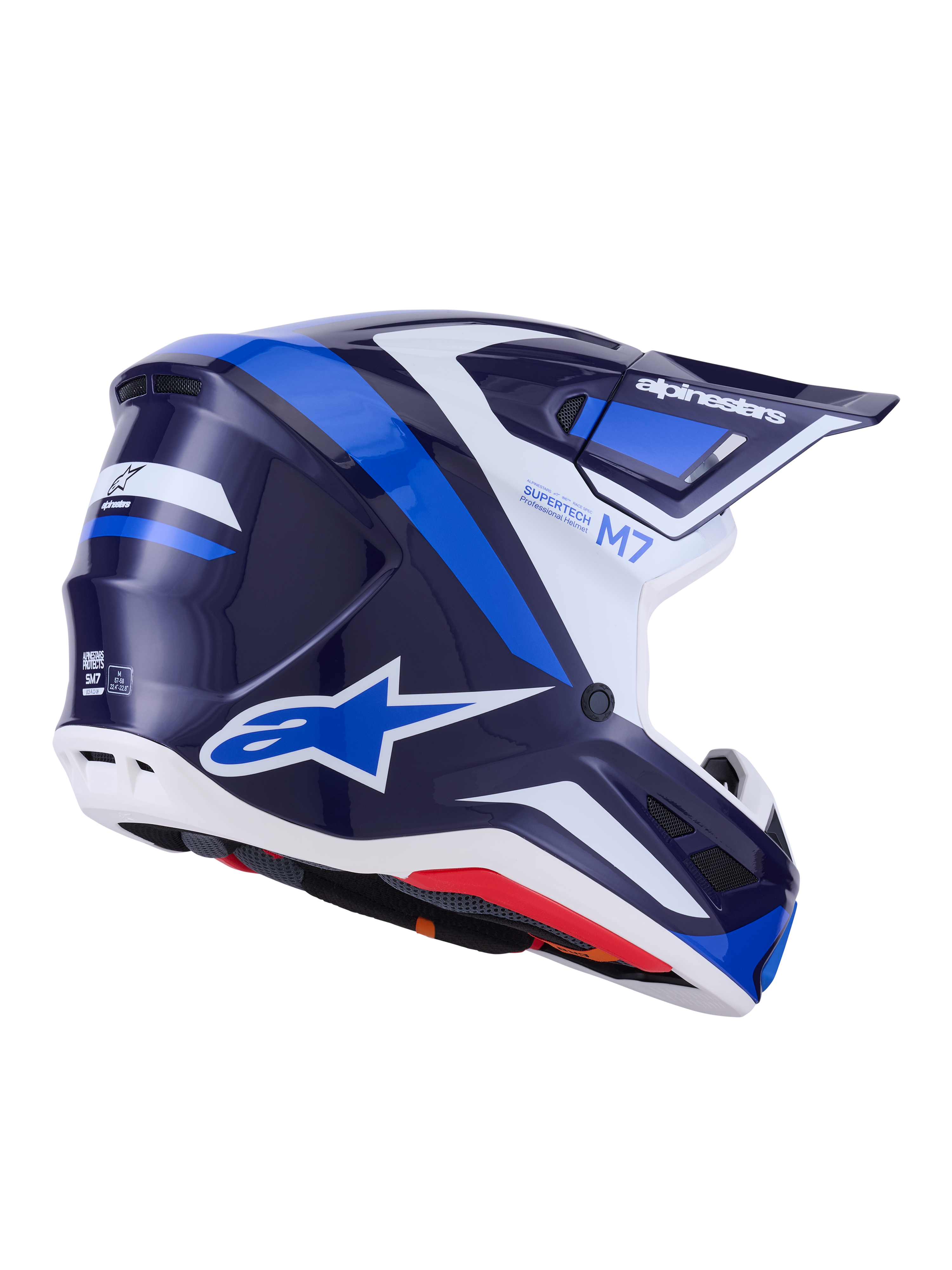 Alpinestars S-M7 Rise Helm, Motocross-Helm, Blau Weiß Glänzend, marineblaue und hellblaue Grafiken mit weißen Akzenten, Alpinestars-Logos an der Seite und Rückseite, aerodynamisches Schalendesign mit Belüftungsöffnungen, professionelle Offroad-Rennausrüstung