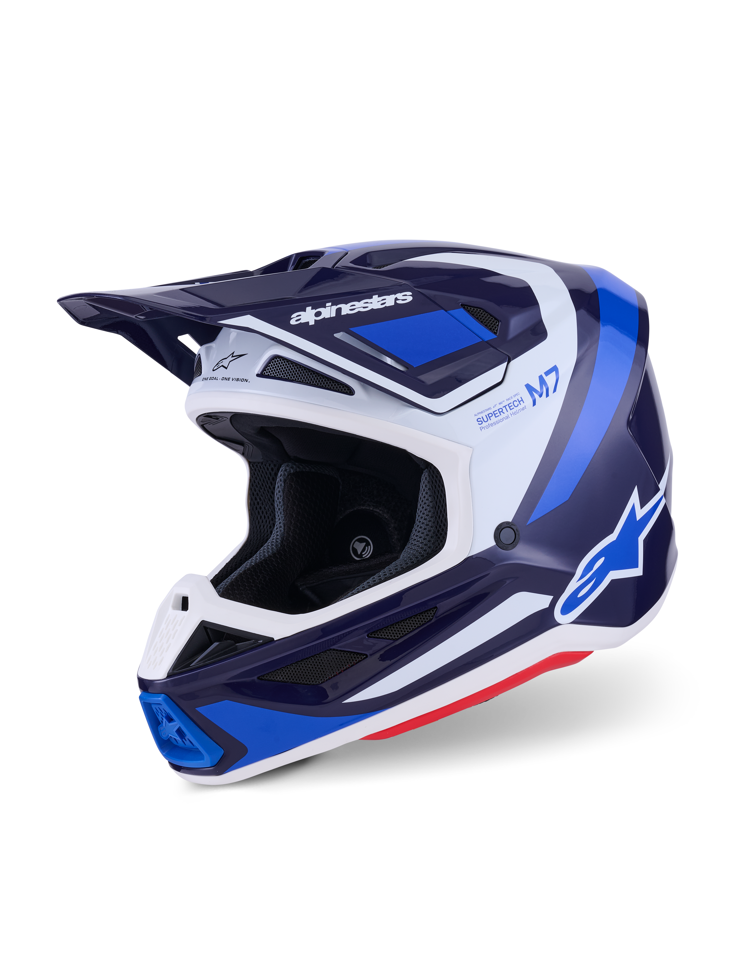 Alpinestars S-M7 Rise Motocross-Helm, Blau Weiß Glänzend, Dreiviertelansicht zeigt aerodynamische Schale mit integriertem Visier und mehreren Belüftungsöffnungen, mit weißen und blauen grafischen Akzenten und markantem Branding, Hochleistungs-Offroad-Rennausrüstung