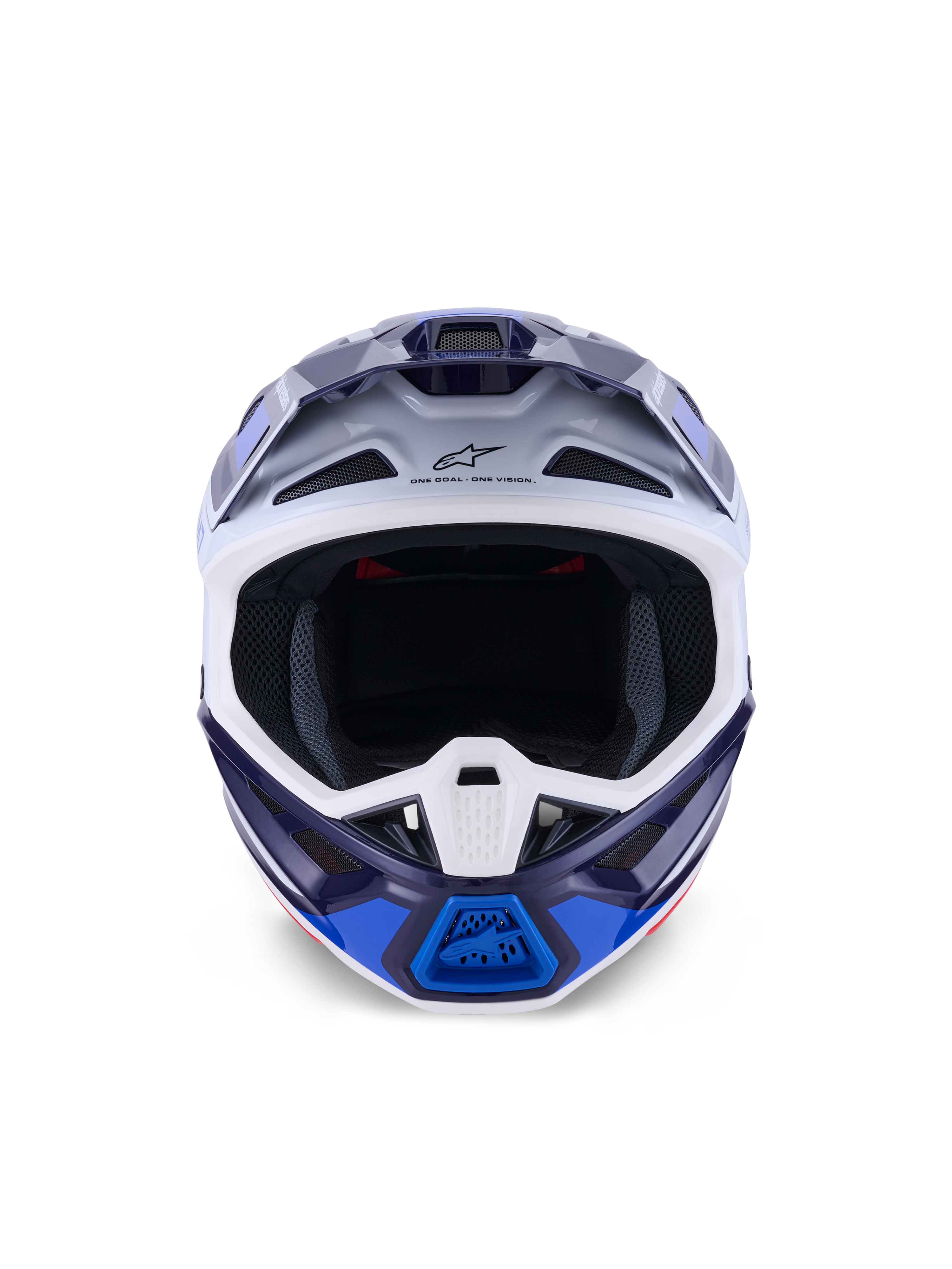 Alpinestars S-M7 Rise Helm, Blau Weiß Glänzend, Vorderansicht, Offroad-Motocross-Helm mit mehreren Belüftungsöffnungen, Astars-Logo auf der Stirn, aerodynamisches Verbundschalen-Design