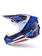 Alpinestars S-M7 Rise Helm, Motocross-Helm, Blau, Weiß und Navy glänzend, Seitenprofil-Ansicht mit Alpinestars-Branding auf dem Visier und an der Seite, M7- und Supertech-Schriftzug, aerodynamische Schale mit Belüftungsöffnungen, glänzendes Finish für Offroad-Performance.