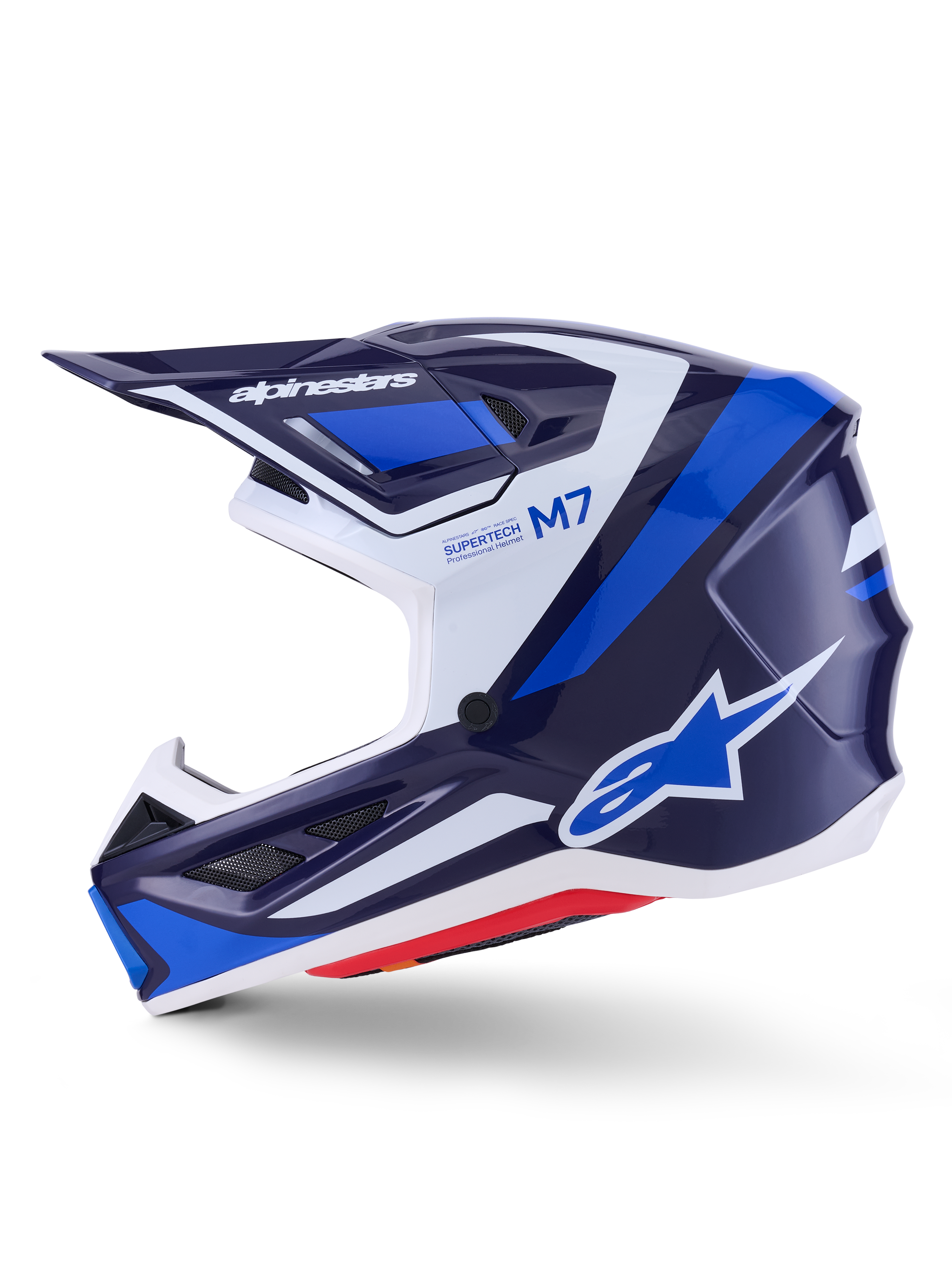 Alpinestars S-M7 Rise Helm, Motocross-Helm, Blau, Weiß und Navy glänzend, Seitenprofil-Ansicht mit Alpinestars-Branding auf dem Visier und an der Seite, M7- und Supertech-Schriftzug, aerodynamische Schale mit Belüftungsöffnungen, glänzendes Finish für Offroad-Performance.