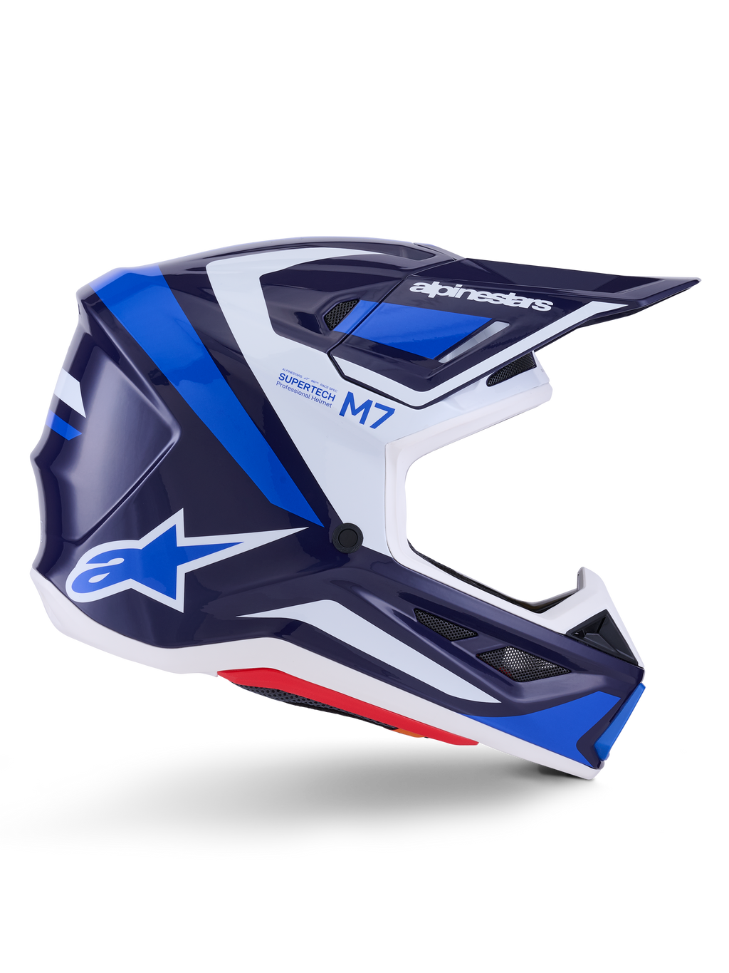 Alpinestars S-M7 Rise Helm, Motocross-Rennhelm, Blau und Weiß glänzend, Seitenansicht mit aerodynamischer Verbundschale, belüftetes Visier, kantiges Design mit markantem Branding, professioneller Offroad-Schutz