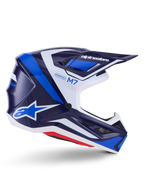 Alpinestars S-M7 Rise Helm, Motocross-Rennhelm, Blau und Weiß glänzend, Seitenansicht mit aerodynamischer Verbundschale, belüftetes Visier, kantiges Design mit markantem Branding, professioneller Offroad-Schutz