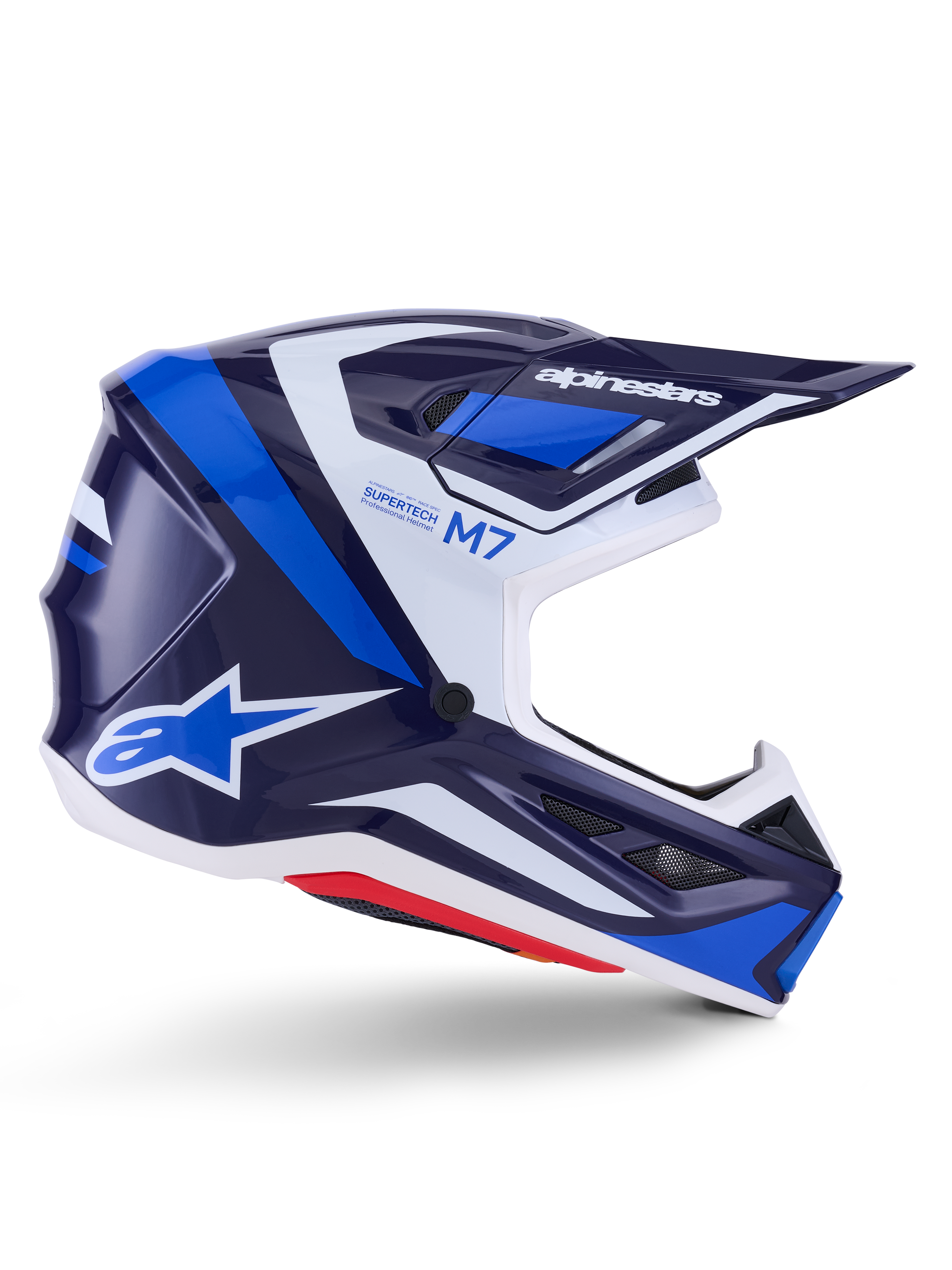 Alpinestars S-M7 Rise Helm, Motocross-Rennhelm, Blau und Weiß glänzend, Seitenansicht mit aerodynamischer Verbundschale, belüftetes Visier, kantiges Design mit markantem Branding, professioneller Offroad-Schutz