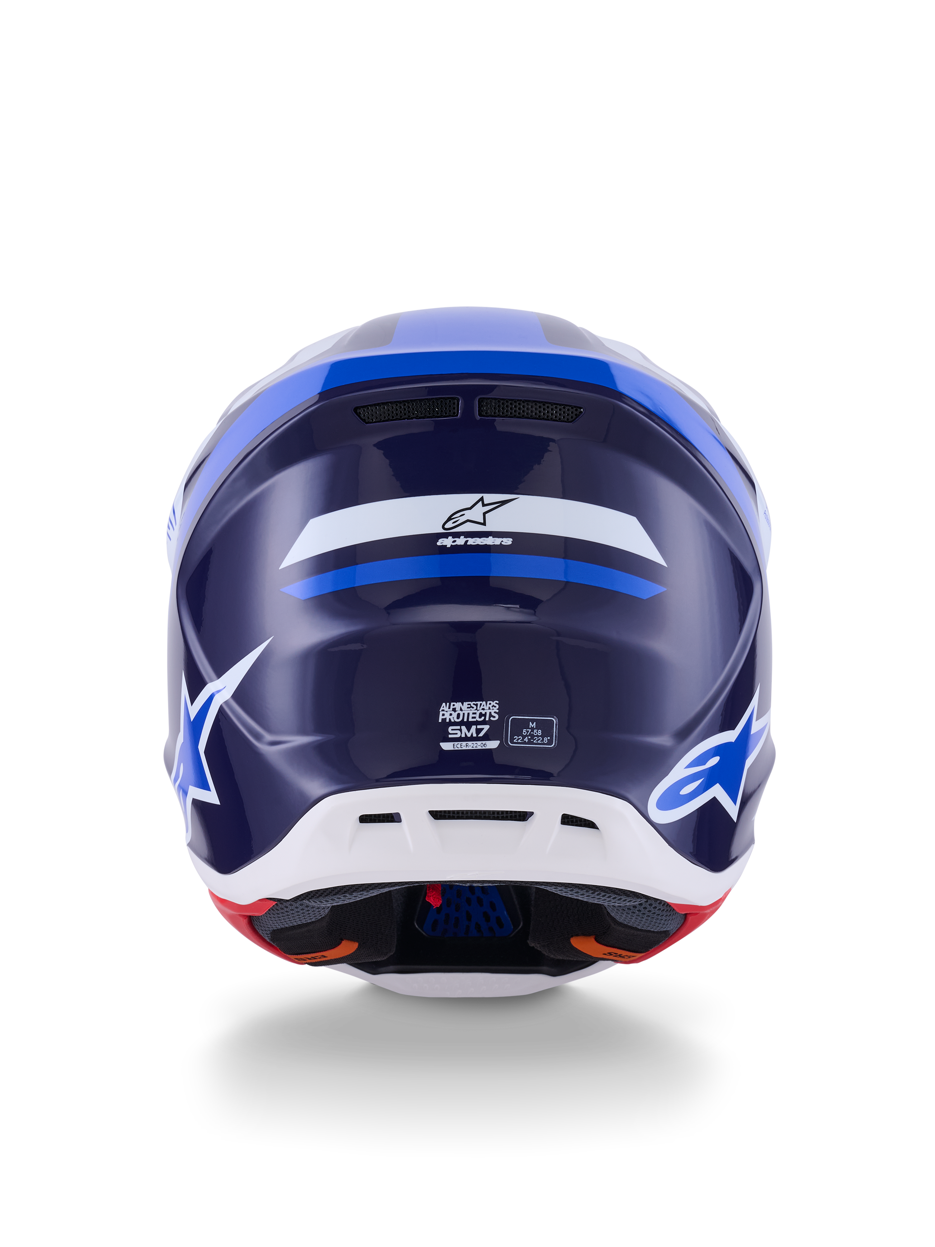 Alpinestars S-M7 Rise Helm, Rückansicht, Blau und Weiß glänzend, mit Alpinestars-Logo und SM7-Branding, aerodynamische Verbundschale mit weißem unteren Bereich und Belüftungsöffnungen, Hochleistungs-Motocross-Kopfschutz