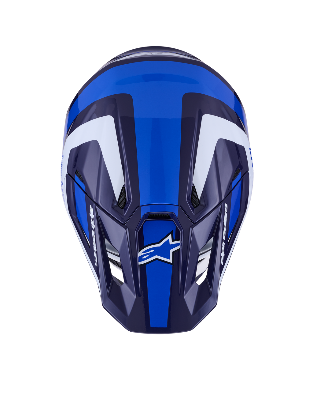 Alpinestars S-M7 Rise Helm, Motocross-Helm, Blau Weiß Glänzend, Draufsicht zeigt aerodynamische Schale und Belüftungsöffnungen, mit weißen und dunkelblauen eckigen Grafiken und markantem Branding
