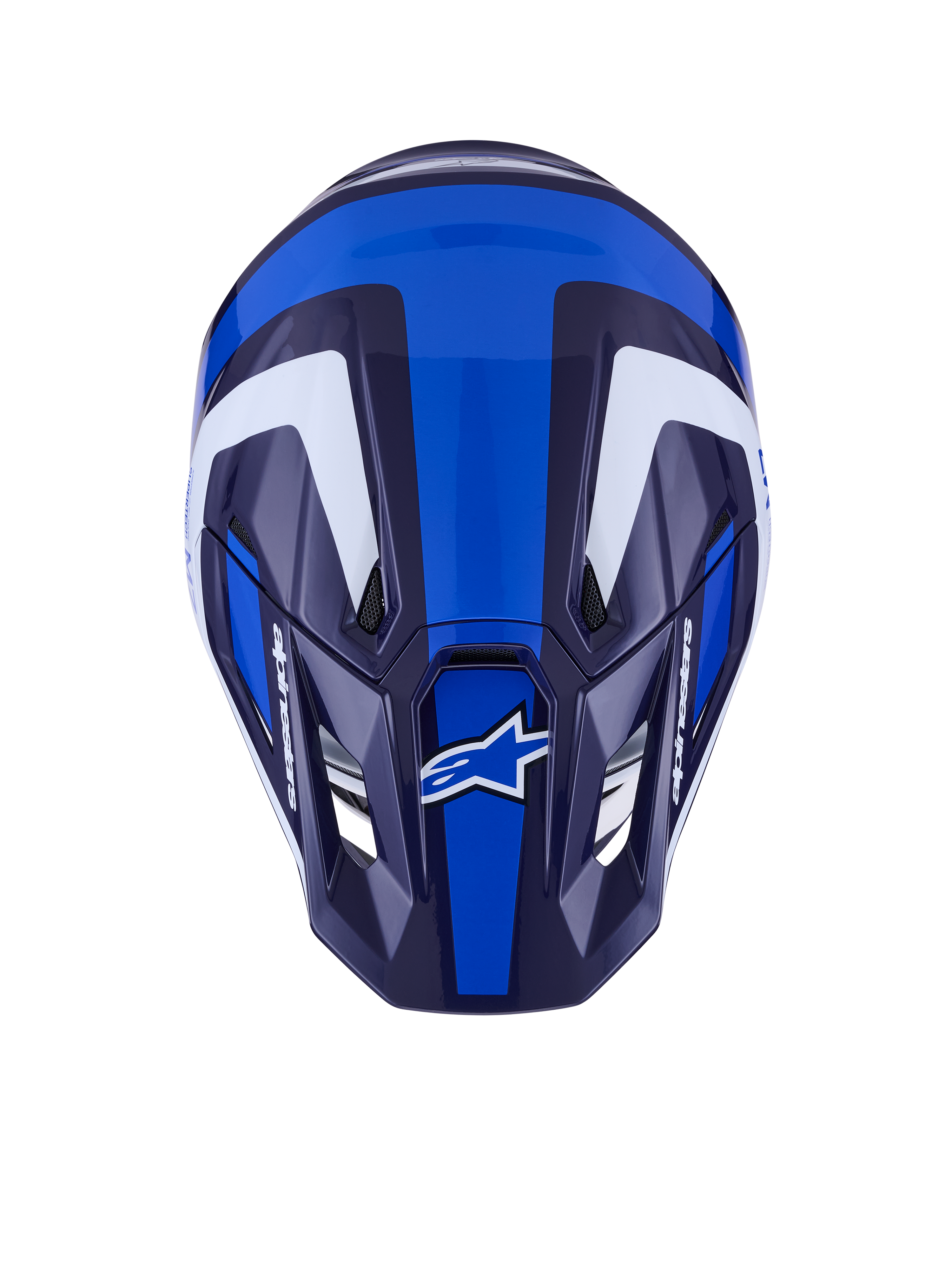 Alpinestars S-M7 Rise Helm, Motocross-Helm, Blau Weiß Glänzend, Draufsicht zeigt aerodynamische Schale und Belüftungsöffnungen, mit weißen und dunkelblauen eckigen Grafiken und markantem Branding