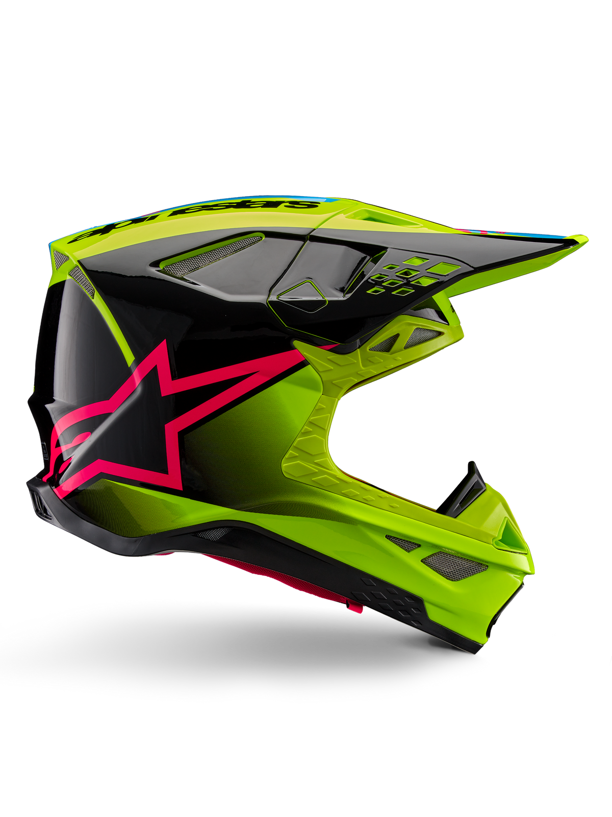 Alpinestars Supertech M10 Unite Helm, Motocross-Rennhelm, Gelb Fluo und Schwarz mit Diva Pink Stern-Grafiken, glänzendes aerodynamisches Design mit Belüftungsöffnungen, ECE 22.06 zertifiziert