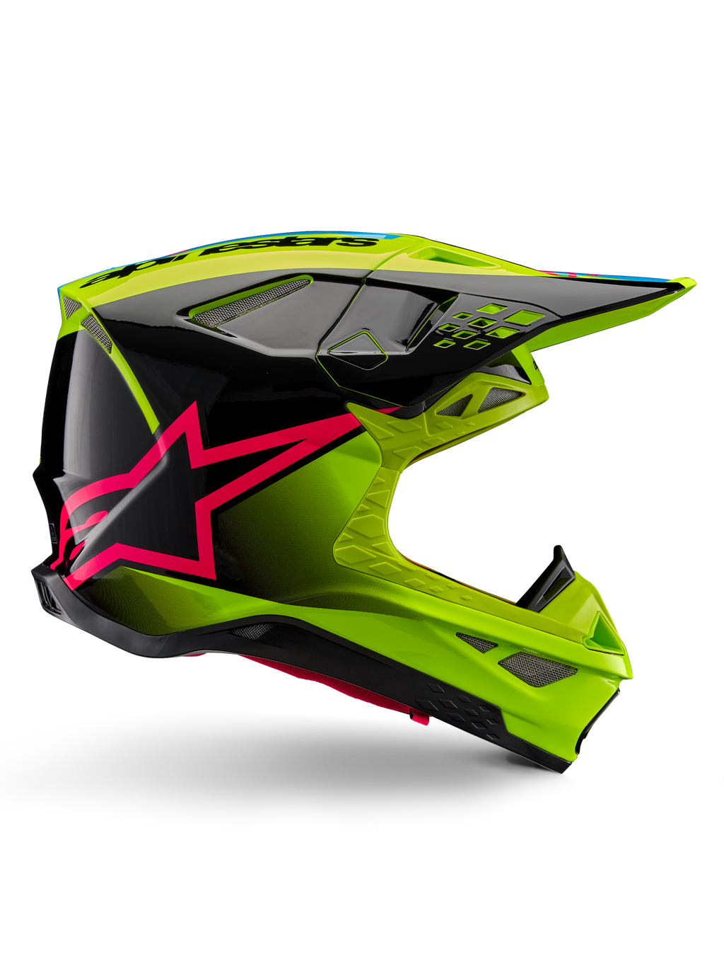 Alpinestars Supertech M10 Unite Helm, Motocross-Rennhelm, Gelb Fluo und Schwarz mit Diva Pink Stern-Grafiken, glänzendes aerodynamisches Design mit Belüftungsöffnungen, ECE 22.06 zertifiziert