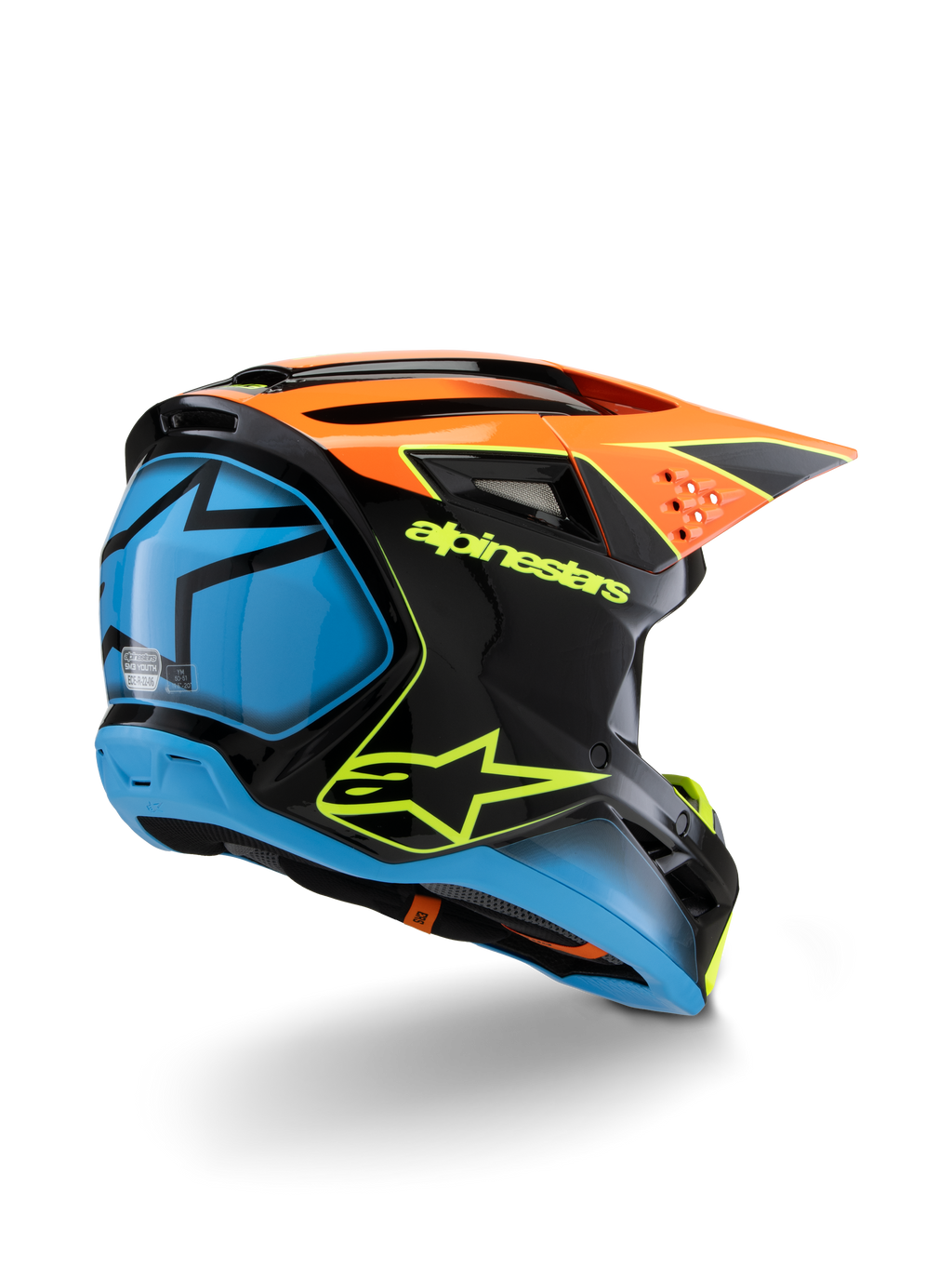 Alpinestars S-M3 Youth Fray Helm, Motocross-Helm, Schwarz, Orange und Blau mit neongelben Akzenten, Dreiviertelansicht von hinten mit markantem Alpinestars-Branding und Stern-Logo, schlankes aerodynamisches Design für Jugend-Offroad-Rennsport
