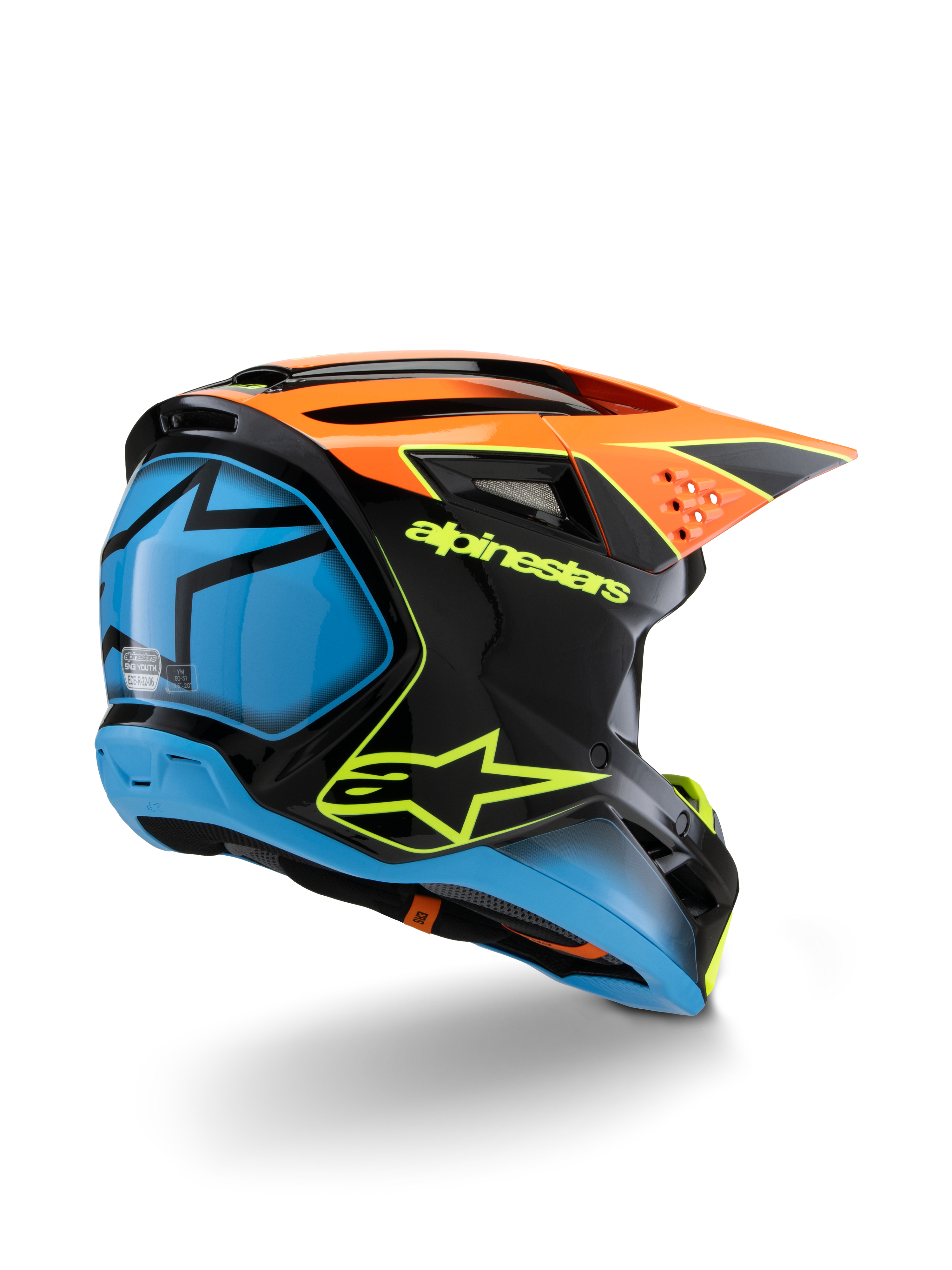 Alpinestars S-M3 Youth Fray Helm, Motocross-Helm, Schwarz, Orange und Blau mit neongelben Akzenten, Dreiviertelansicht von hinten mit markantem Alpinestars-Branding und Stern-Logo, schlankes aerodynamisches Design für Jugend-Offroad-Rennsport
