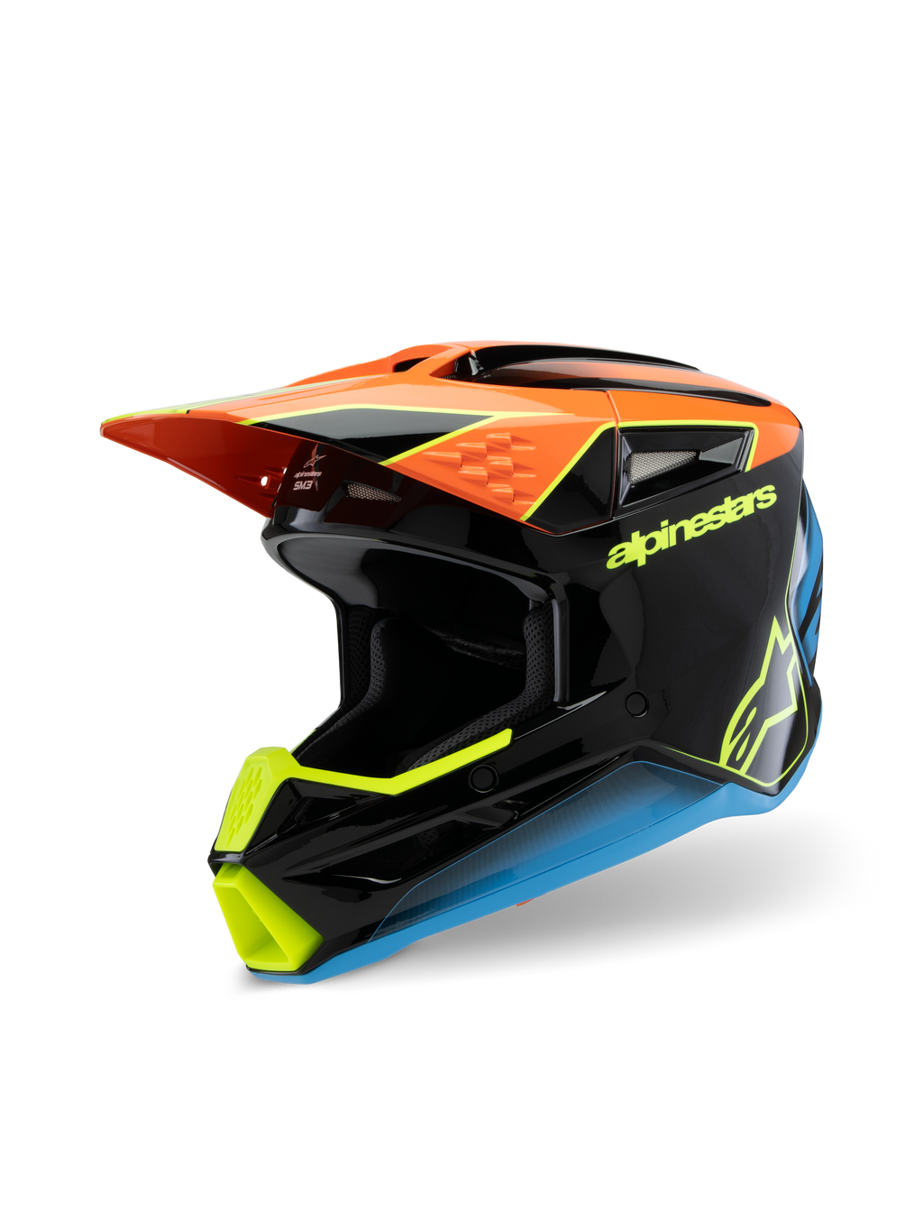 Alpinestars S-M3 Youth Fray Helm, Motocross-Helm, Schwarz, Orange, Gelb und Blau, mit glänzendem Finish, aerodynamischem Visier und markantem Branding für den Jugend-Offroad-Rennsport
