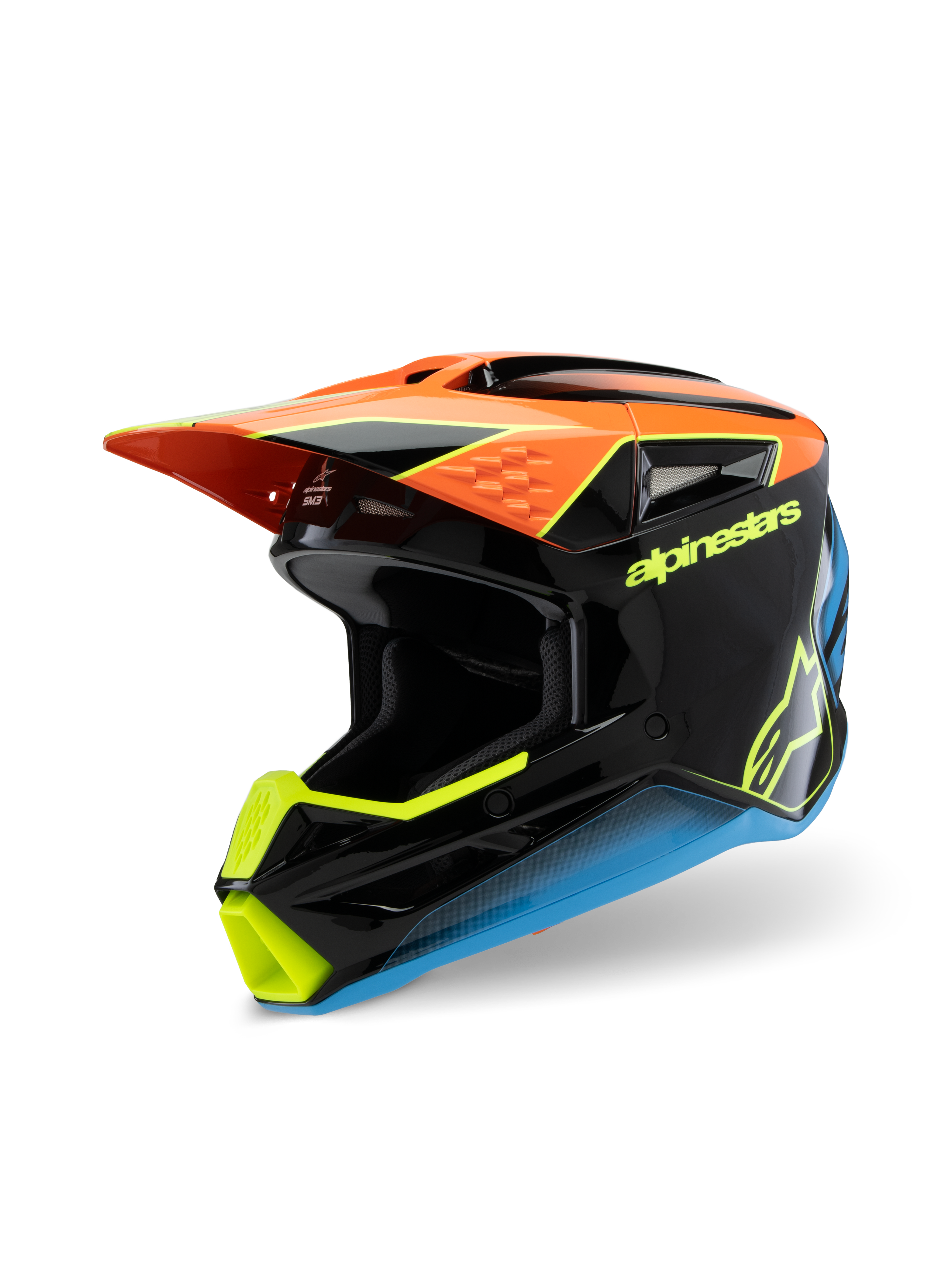 Alpinestars S-M3 Youth Fray Helm, Motocross-Helm, Schwarz, Orange, Gelb und Blau, mit glänzendem Finish, aerodynamischem Visier und markantem Branding für den Jugend-Offroad-Rennsport