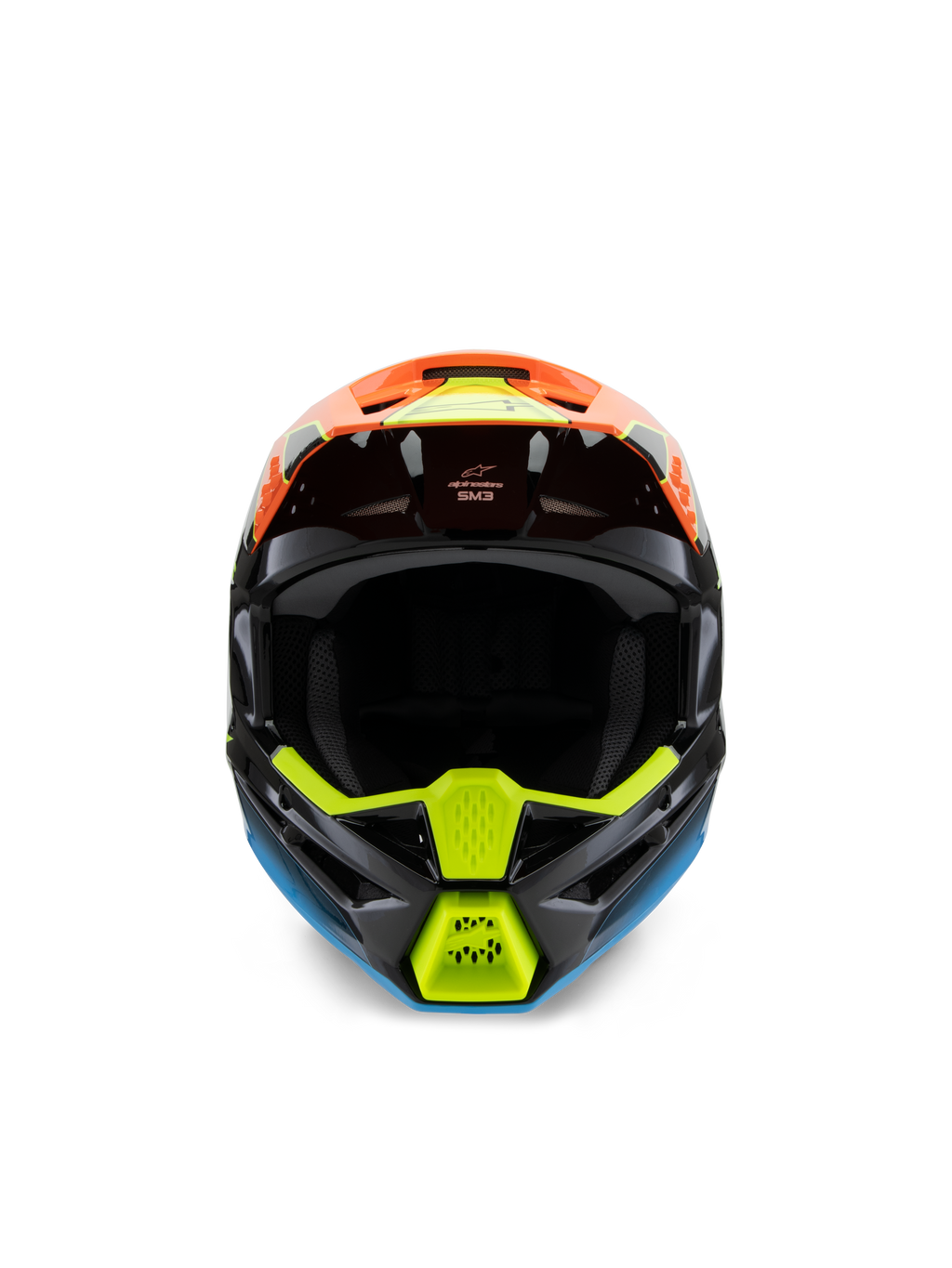 Alpinestars S-M3 Youth Fray Helm, Vorderansicht eines schwarzen Motocross-Helms mit lebhaften Grafiken in Orange, Neongelb und Blau, entwickelt für den Offroad-Rennsport für Jugendliche