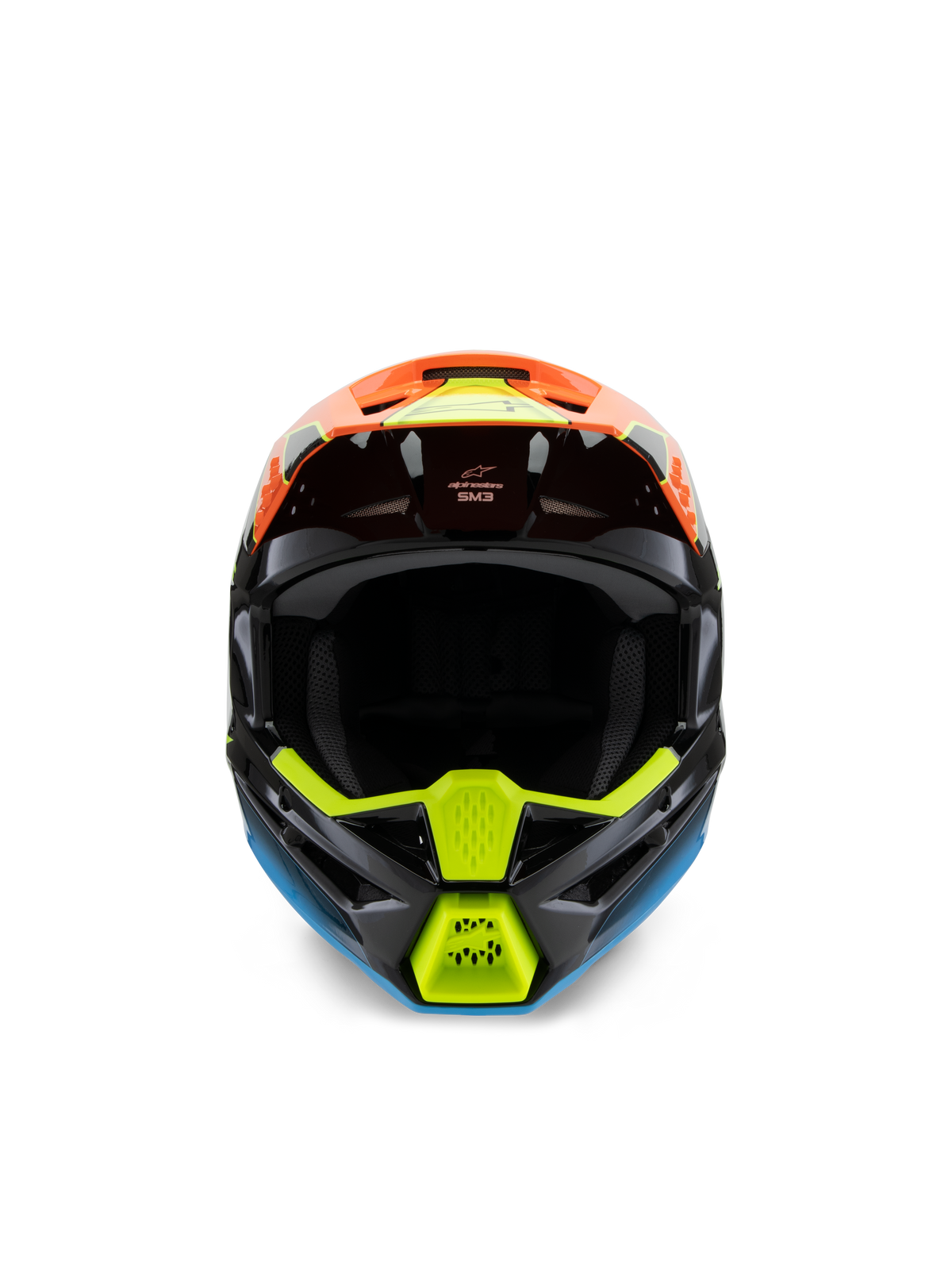 Alpinestars S-M3 Youth Fray Helm, Vorderansicht eines schwarzen Motocross-Helms mit lebhaften Grafiken in Orange, Neongelb und Blau, entwickelt für den Offroad-Rennsport für Jugendliche