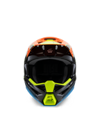 Alpinestars S-M3 Youth Fray Helm, Vorderansicht eines schwarzen Motocross-Helms mit lebhaften Grafiken in Orange, Neongelb und Blau, entwickelt für den Offroad-Rennsport für Jugendliche