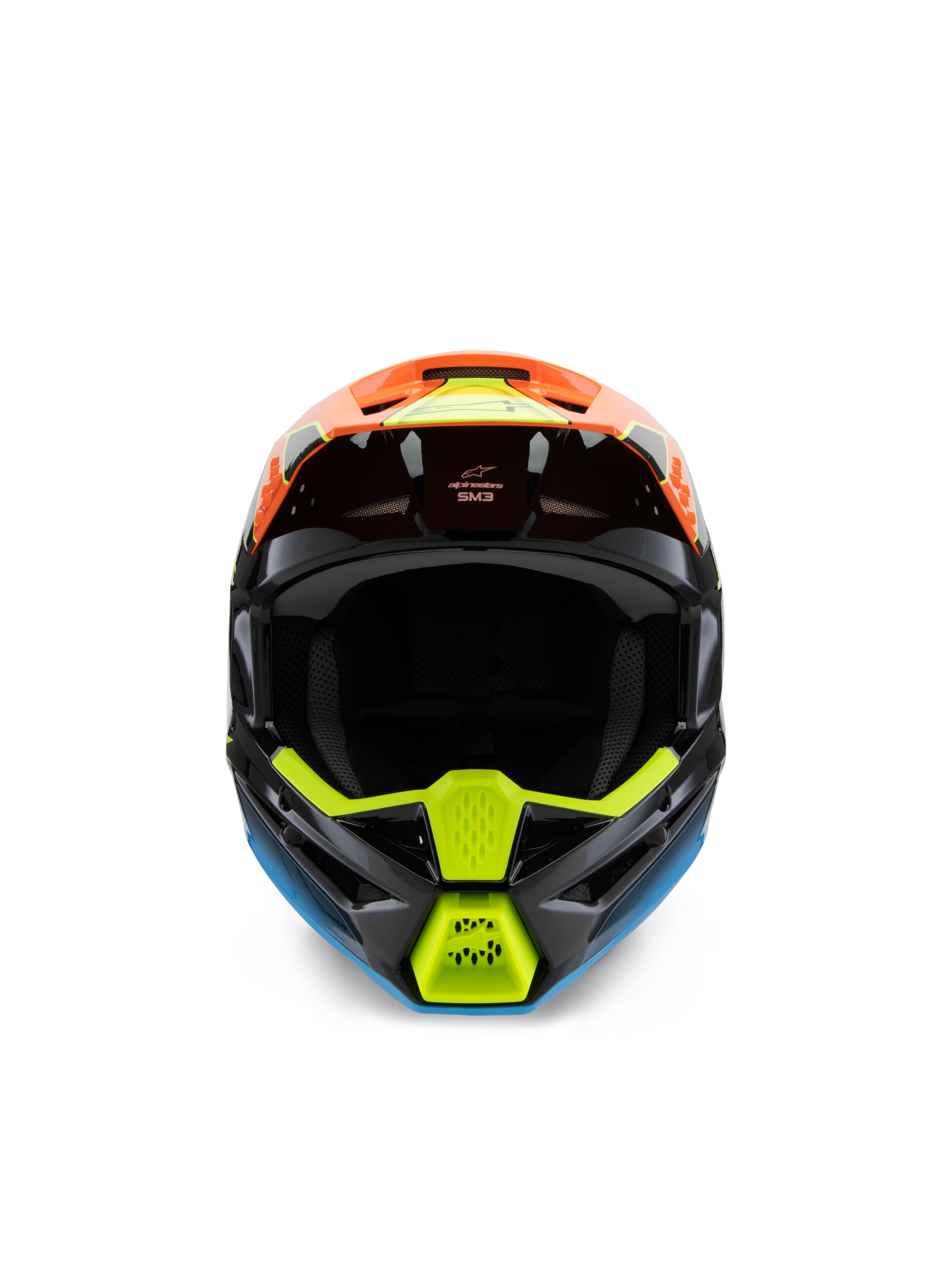 Alpinestars S-M3 Youth Fray Helm, Vorderansicht eines schwarzen Motocross-Helms mit lebhaften Grafiken in Orange, Neongelb und Blau, entwickelt für den Offroad-Rennsport für Jugendliche