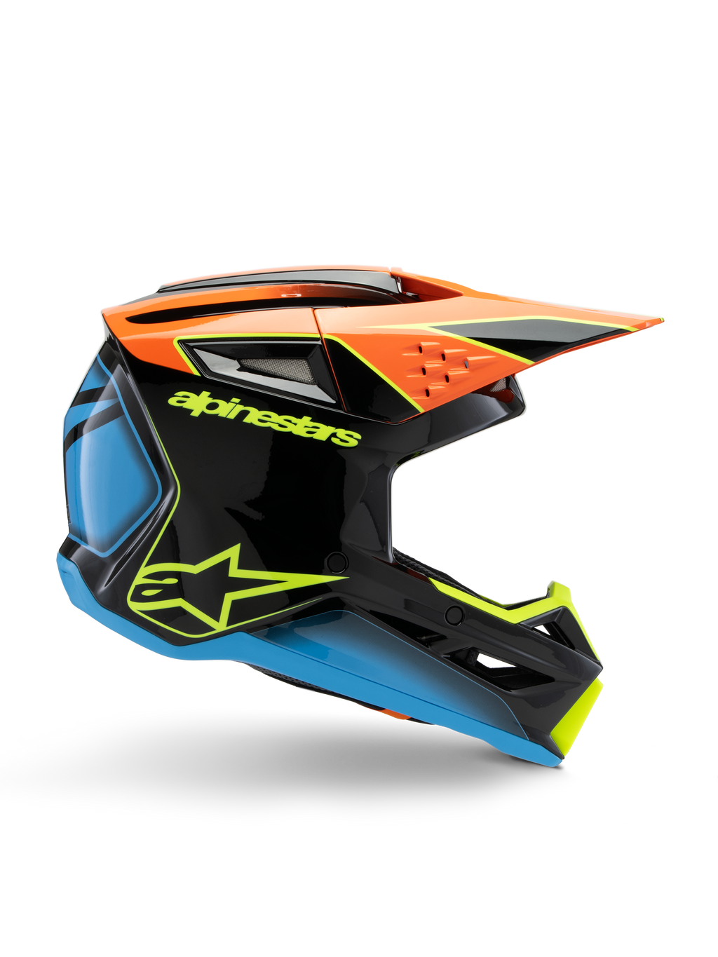Alpinestars S-M3 Youth Fray Helm, Motocross-Helm, Schwarz mit orangefarbenen, blauen und neongelben Akzenten, Seitenprofilansicht zeigt aerodynamisches Design, Belüftungsöffnungen und markantes Visier, glänzendes Finish mit auffälligem gelbem Branding.